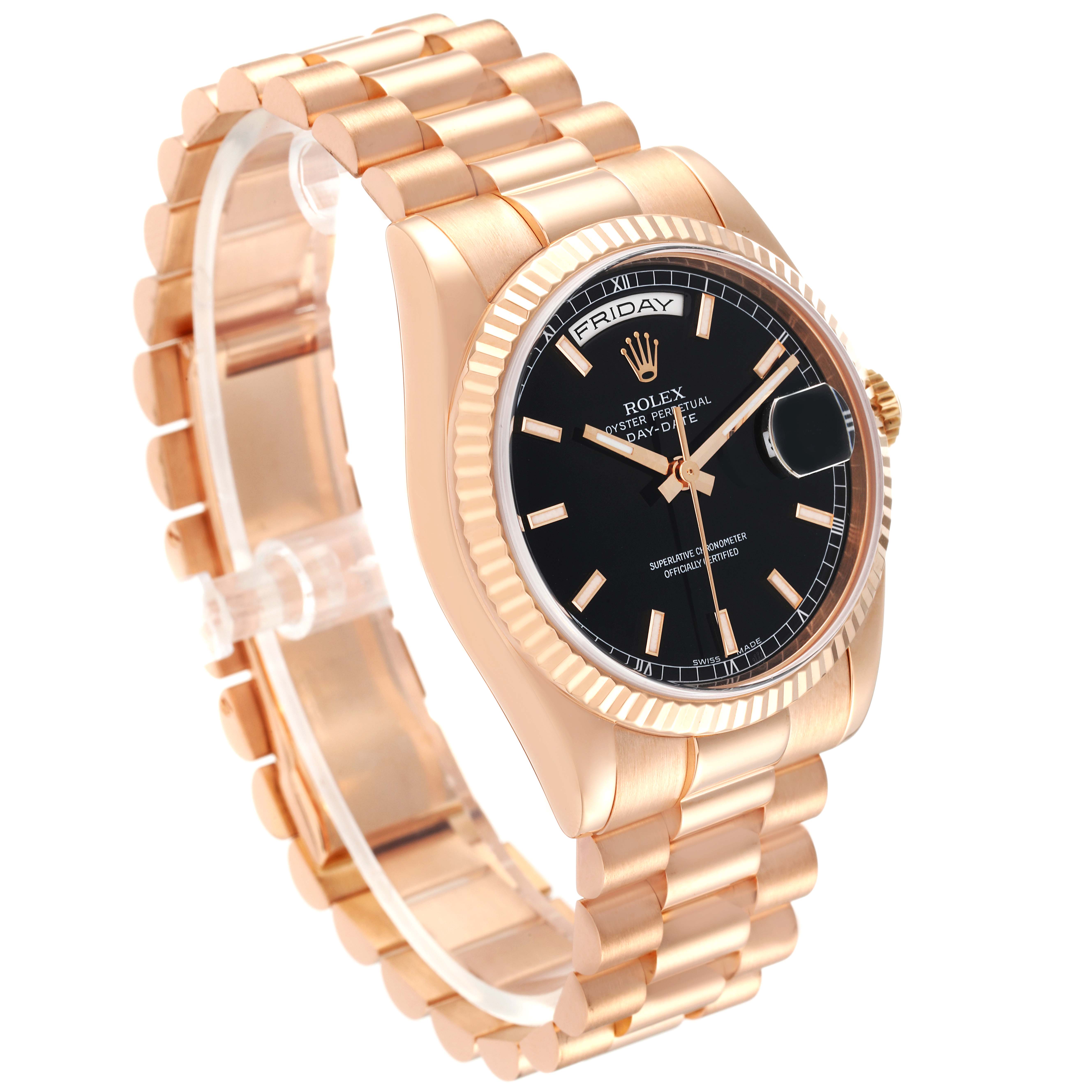The Rolex President 118235 Men's Rose Gold Black Dial 118235 Men's Rose Gold Black Dial model watch is shown at an angled side view, displaying the bracelet, dial, crown, and bezel.