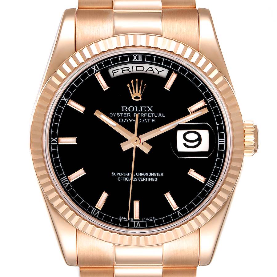 Rolex President Day Date 36 Rose Gold Black Dial Mens Watch 118235 SwissWatchExpo