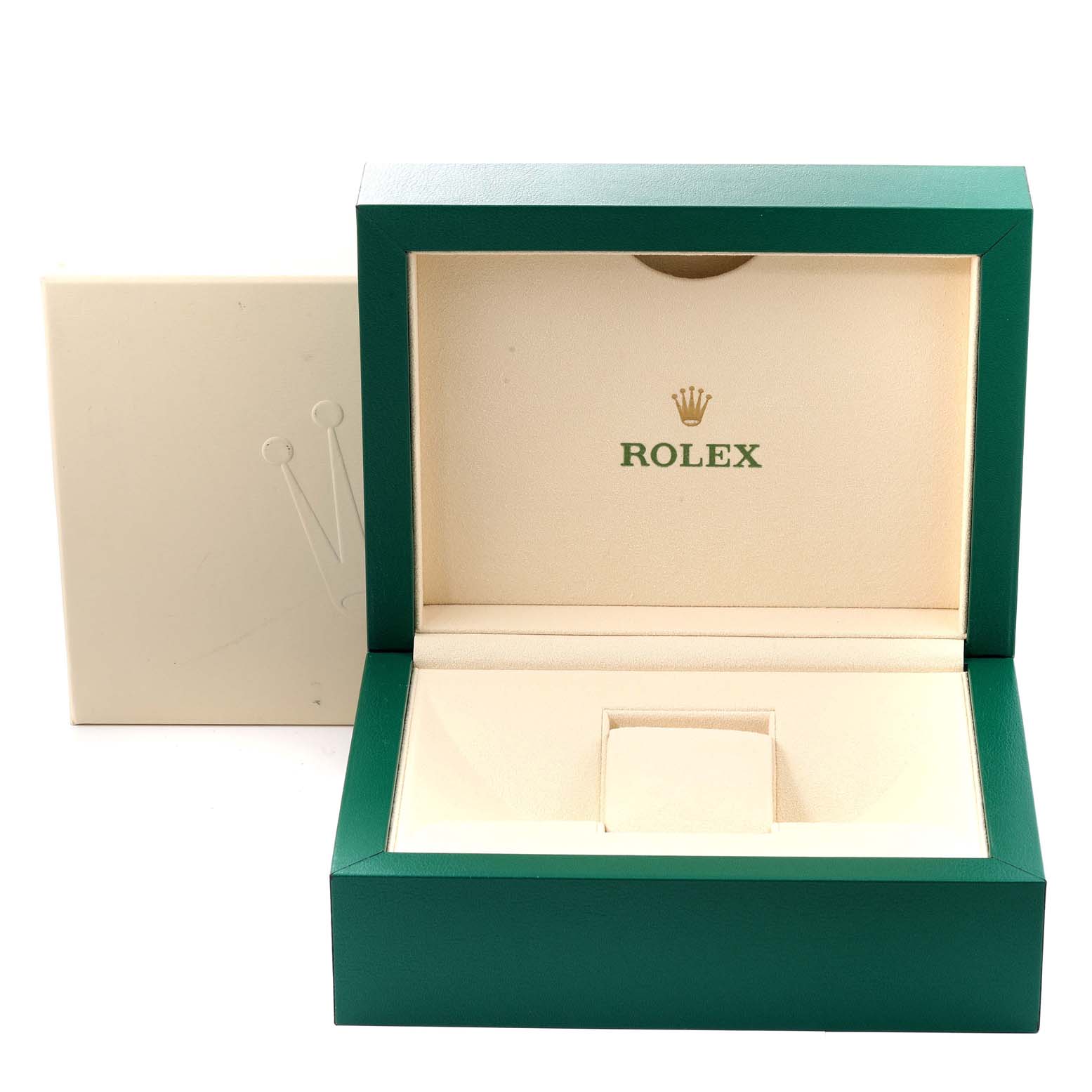 This image shows an open Rolex President 118235 Men's Rose Gold Black Dial 118235 Men's Rose Gold Black Dial model watch box, highlighting the inside and outer casing.