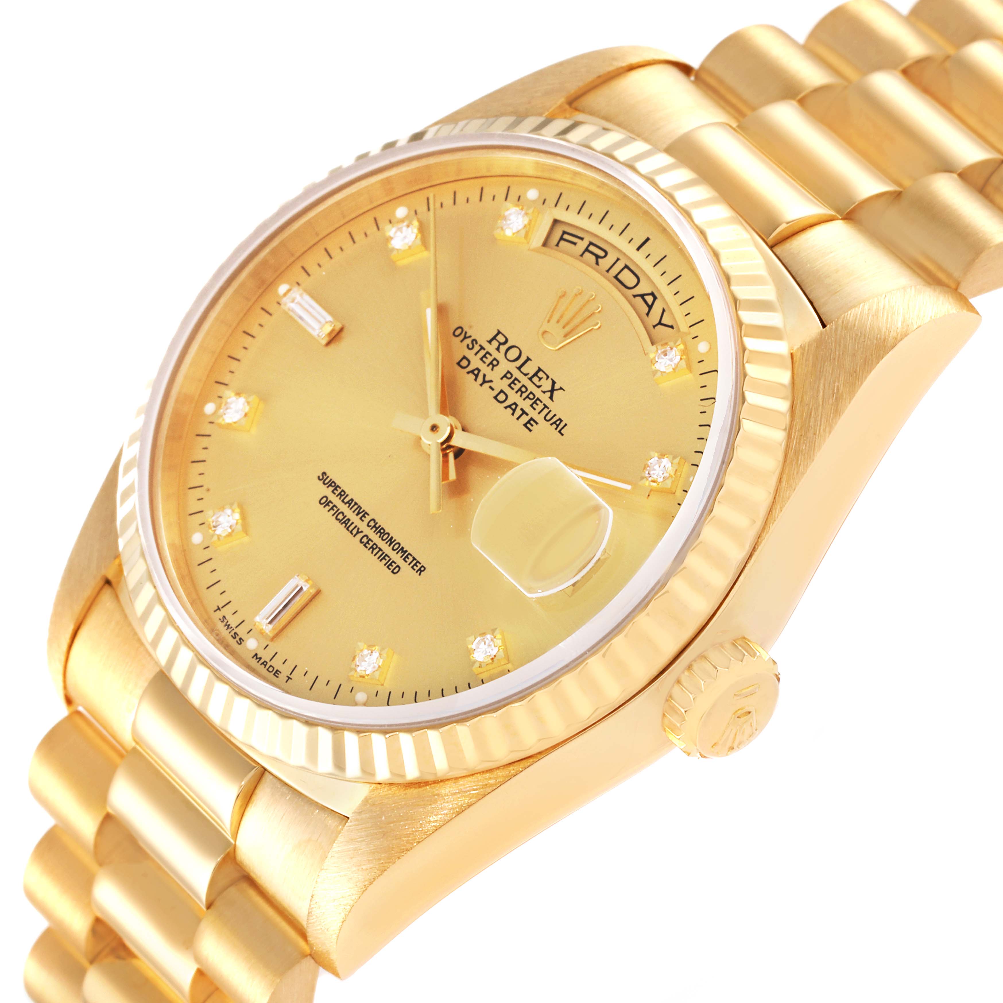 This image shows a close-up side view of a Rolex President 18238 Men
s Yellow Gold Champagne Dial 18238 Men
s Yellow Gold Champagne Dial model, highlighting the dial, day-date display, and bracelet.