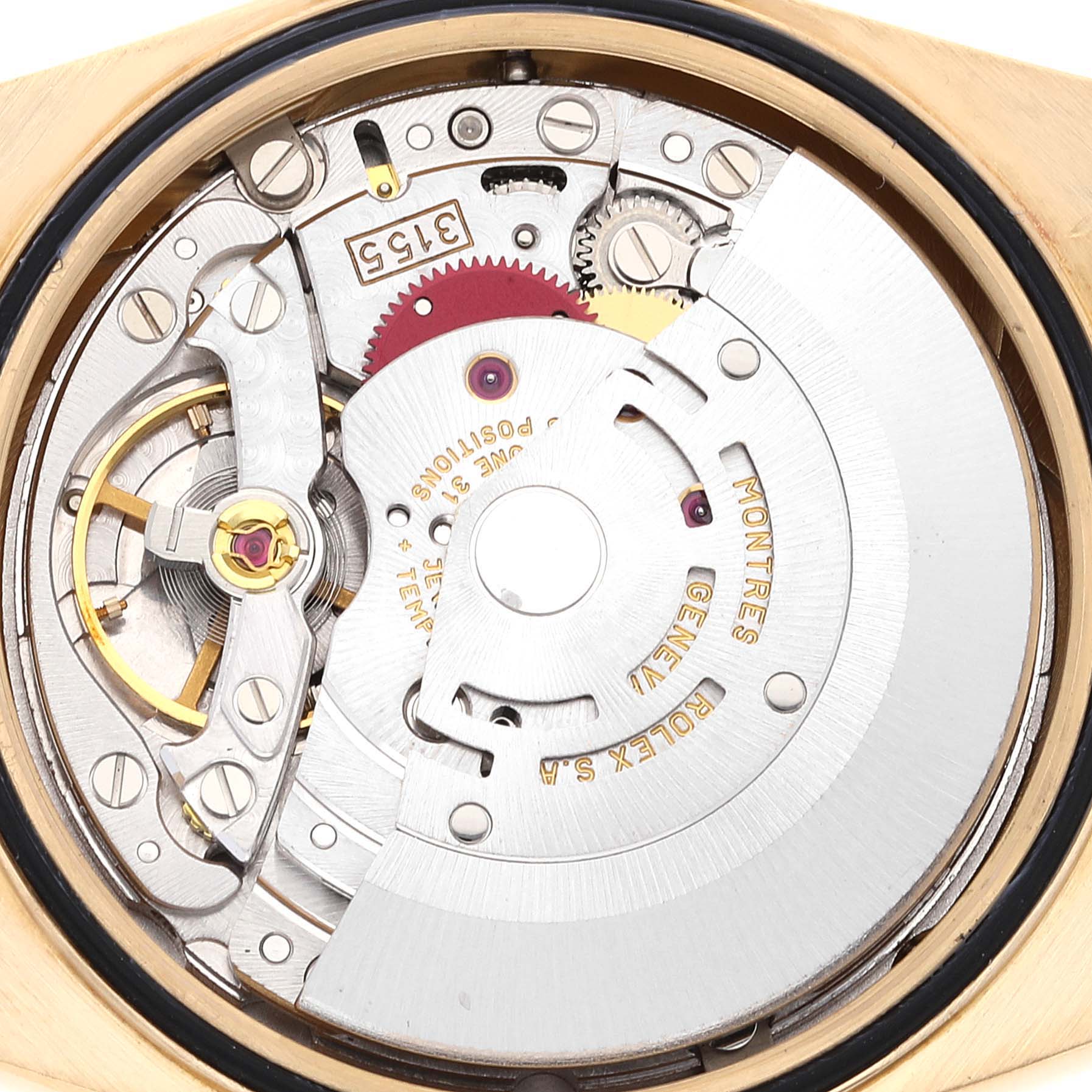 The image shows a close-up of the movement mechanism and internal components of a Rolex President 18238 Men
s Yellow Gold Champagne Dial 18238 Men
s Yellow Gold Champagne Dial model watch.