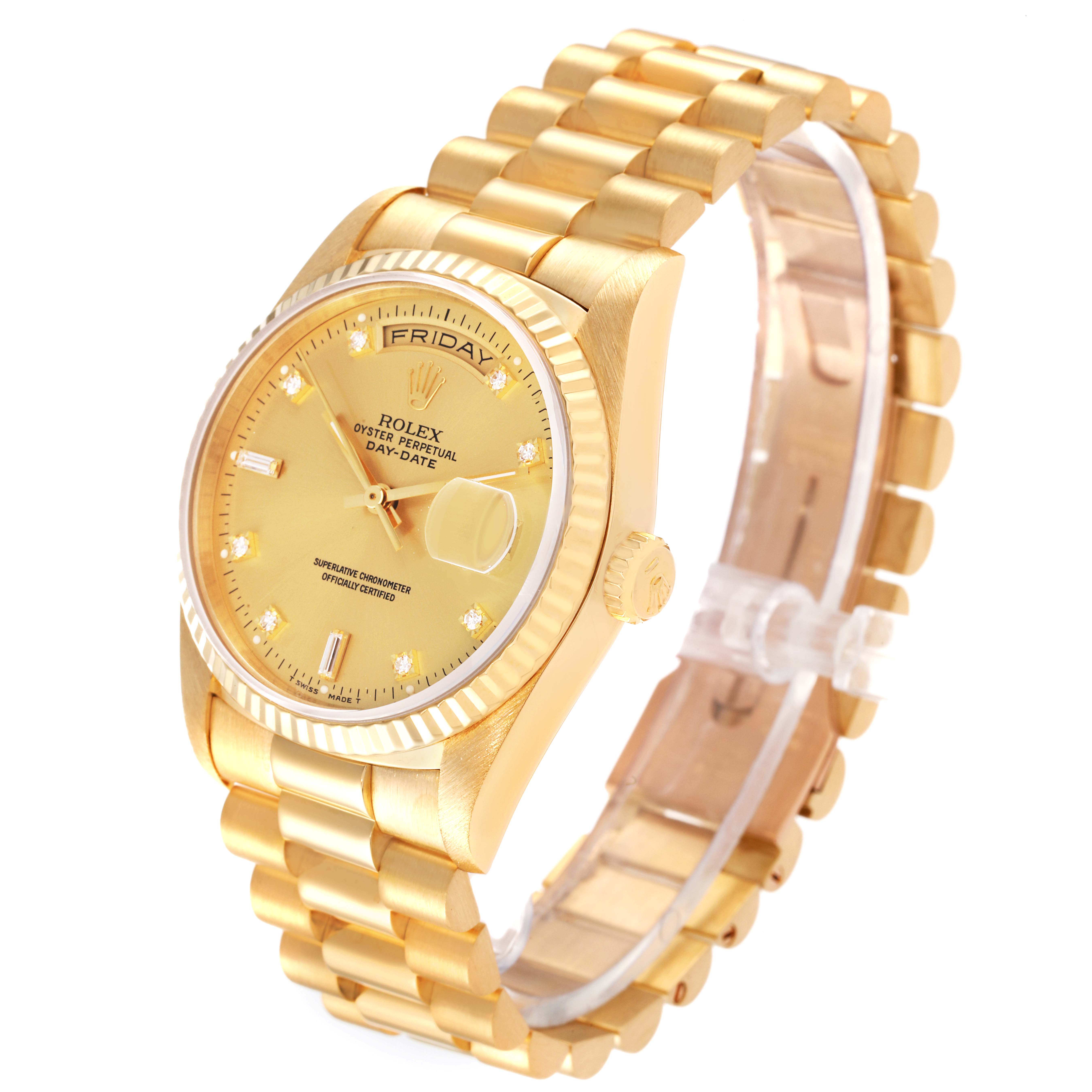 The image shows a Rolex President 18238 Men
s Yellow Gold Champagne Dial 18238 Men
s Yellow Gold Champagne Dial model watch at an angle displaying the face, bezel, and bracelet.