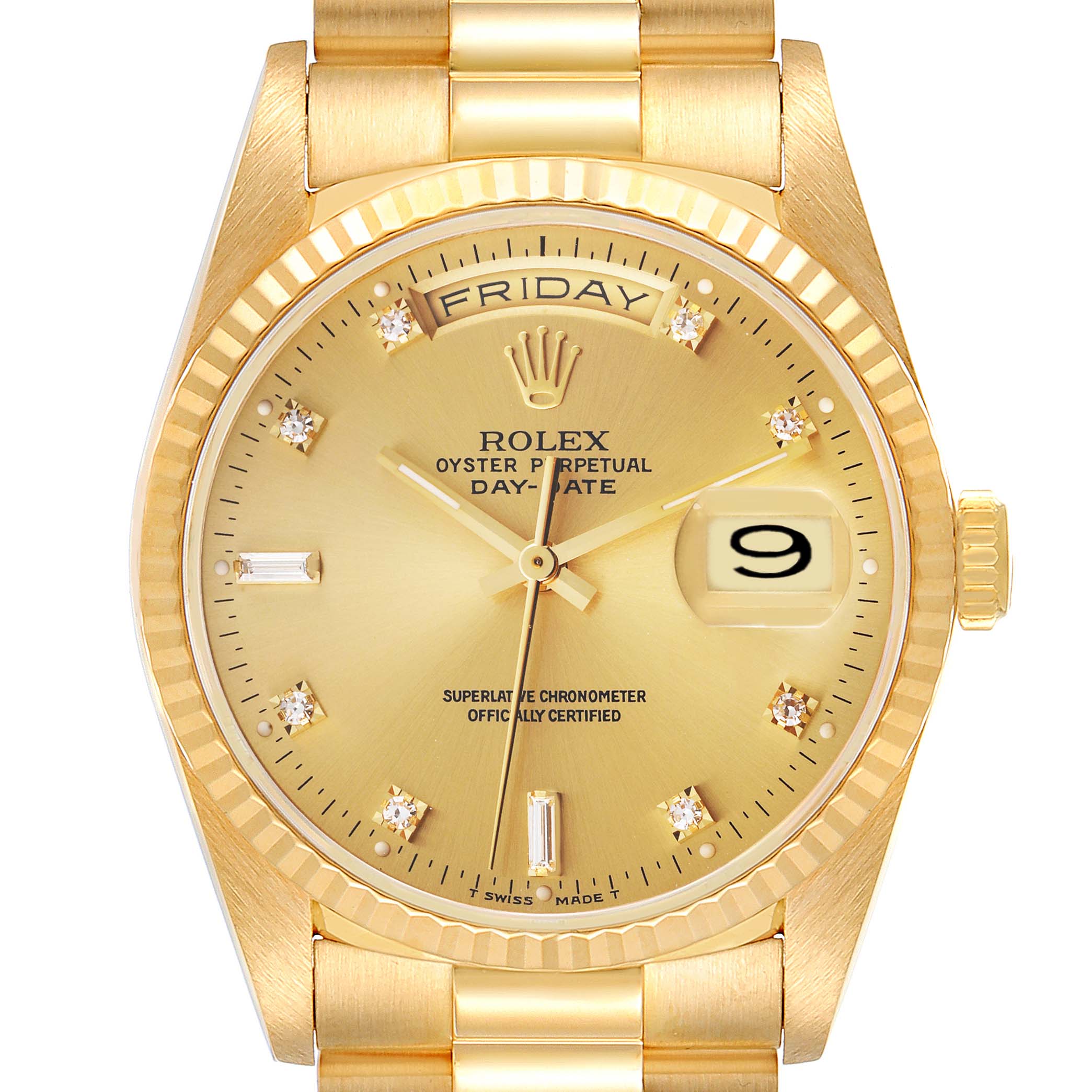 This is a close-up front view of the Rolex President 18238 Men
s Yellow Gold Champagne Dial 18238 Men
s Yellow Gold Champagne Dial model, showing the dial, bezel, case, and part of the bracelet.