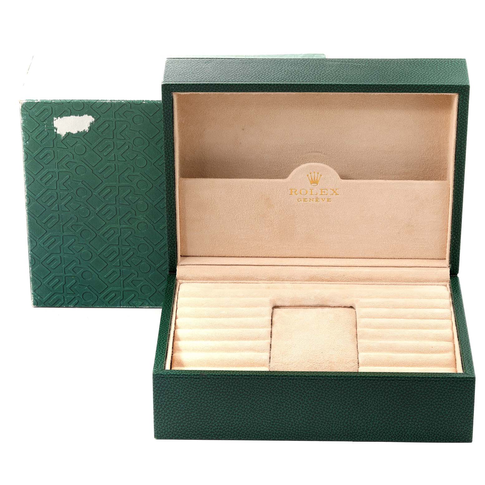 This image shows a Rolex President 18238 Men
s Yellow Gold Champagne Dial 18238 Men
s Yellow Gold Champagne Dial model watch box, open to display its interior compartments and cushioned slots.