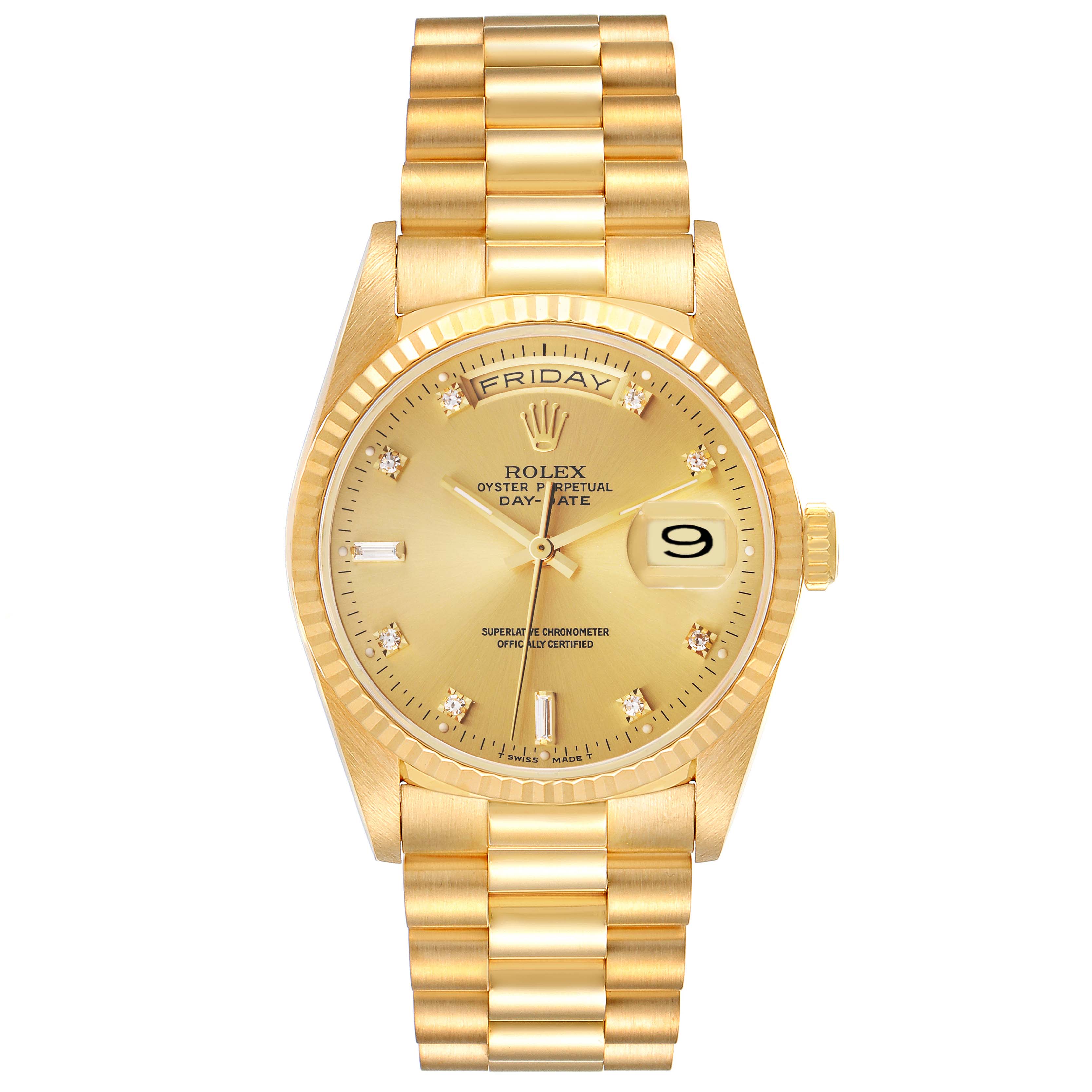 This image shows a front view of the Rolex President 18238 Men
s Yellow Gold Champagne Dial 18238 Men
s Yellow Gold Champagne Dial model watch, displaying its gold bracelet, dial, and date indicator.