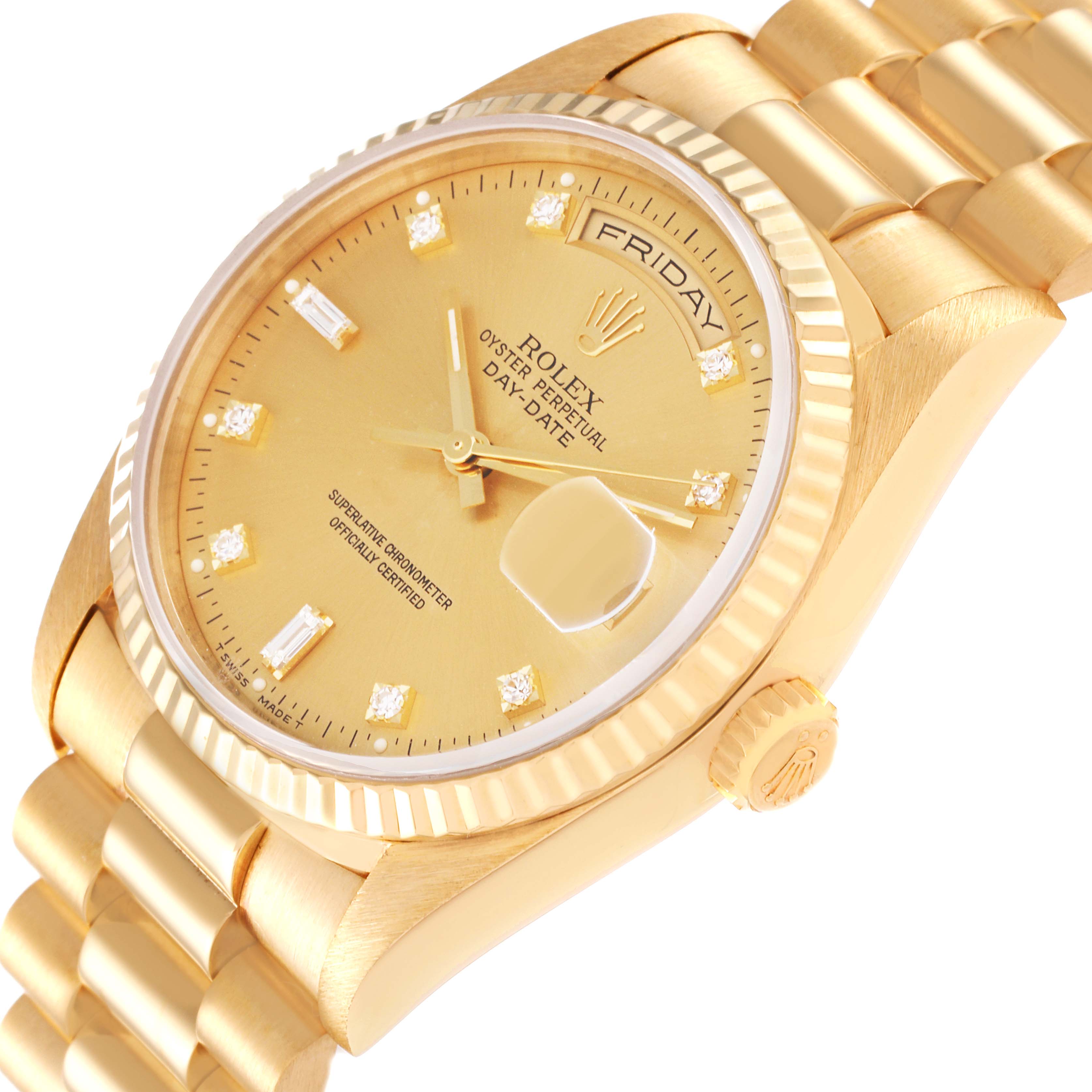 The image shows a side angle of a Rolex President 18238 Men's Yellow Gold Champagne Dial 18238 Men's Yellow Gold Champagne Dial model watch, highlighting the gold case, bracelet, and dial.