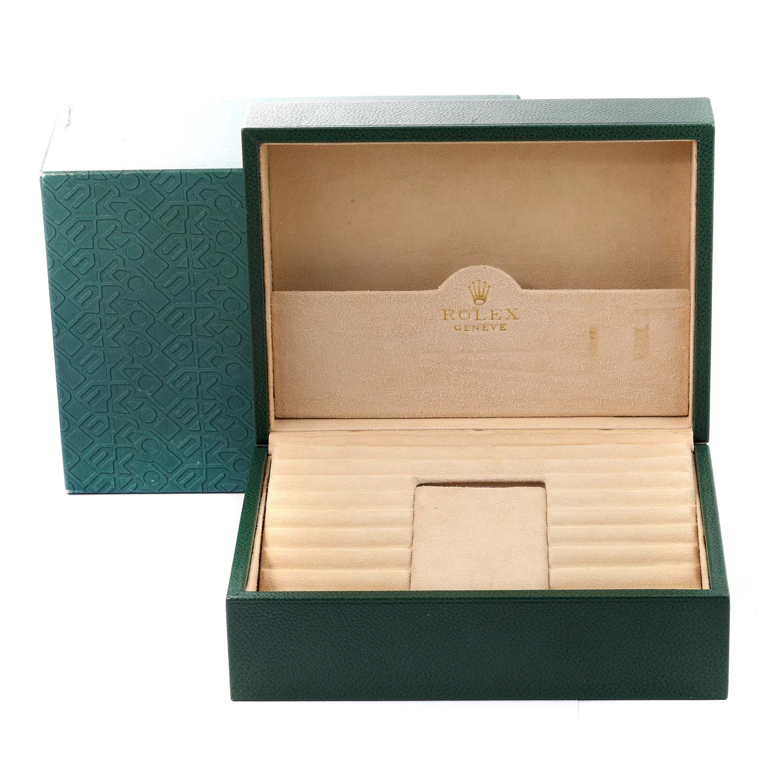 The image shows an empty Rolex President 18238 Men's Yellow Gold Champagne Dial 18238 Men's Yellow Gold Champagne Dial model watch box, open at an angle, with its green exterior and beige interior.