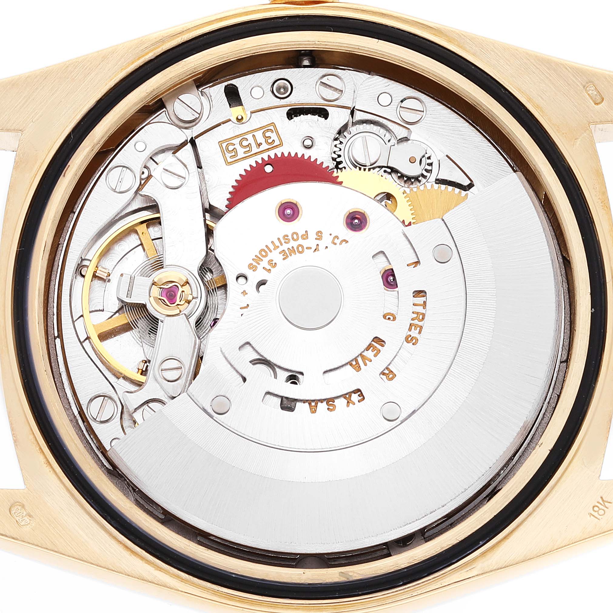This image shows the internal mechanism of a Rolex President 18238 Men's Yellow Gold Champagne Dial 18238 Men's Yellow Gold Champagne Dial watch, viewed from the back.