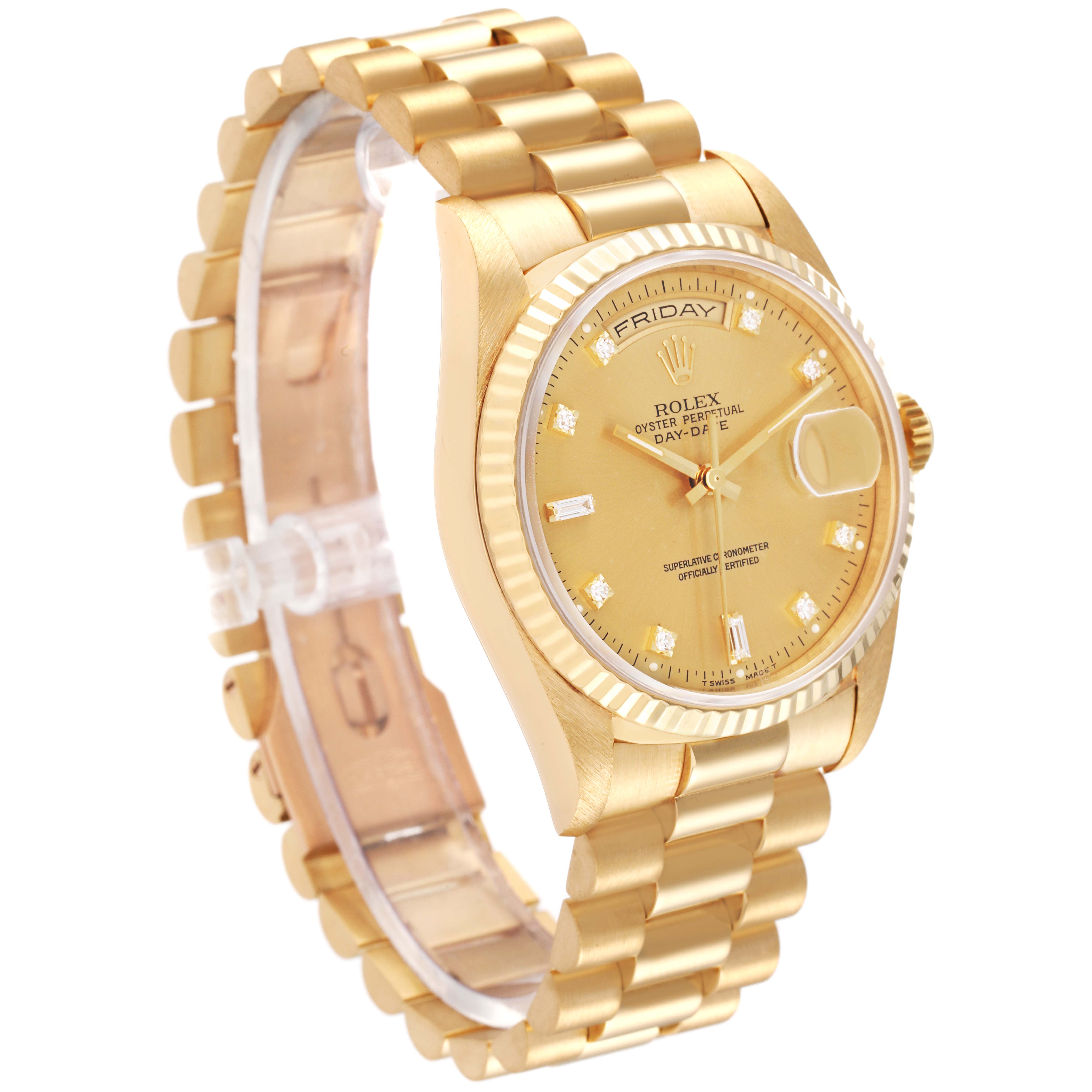 The image shows a left-side angle of a Rolex President 18238 Men's Yellow Gold Champagne Dial 18238 Men's Yellow Gold Champagne Dial model watch, highlighting its dial, bezel, and bracelet.