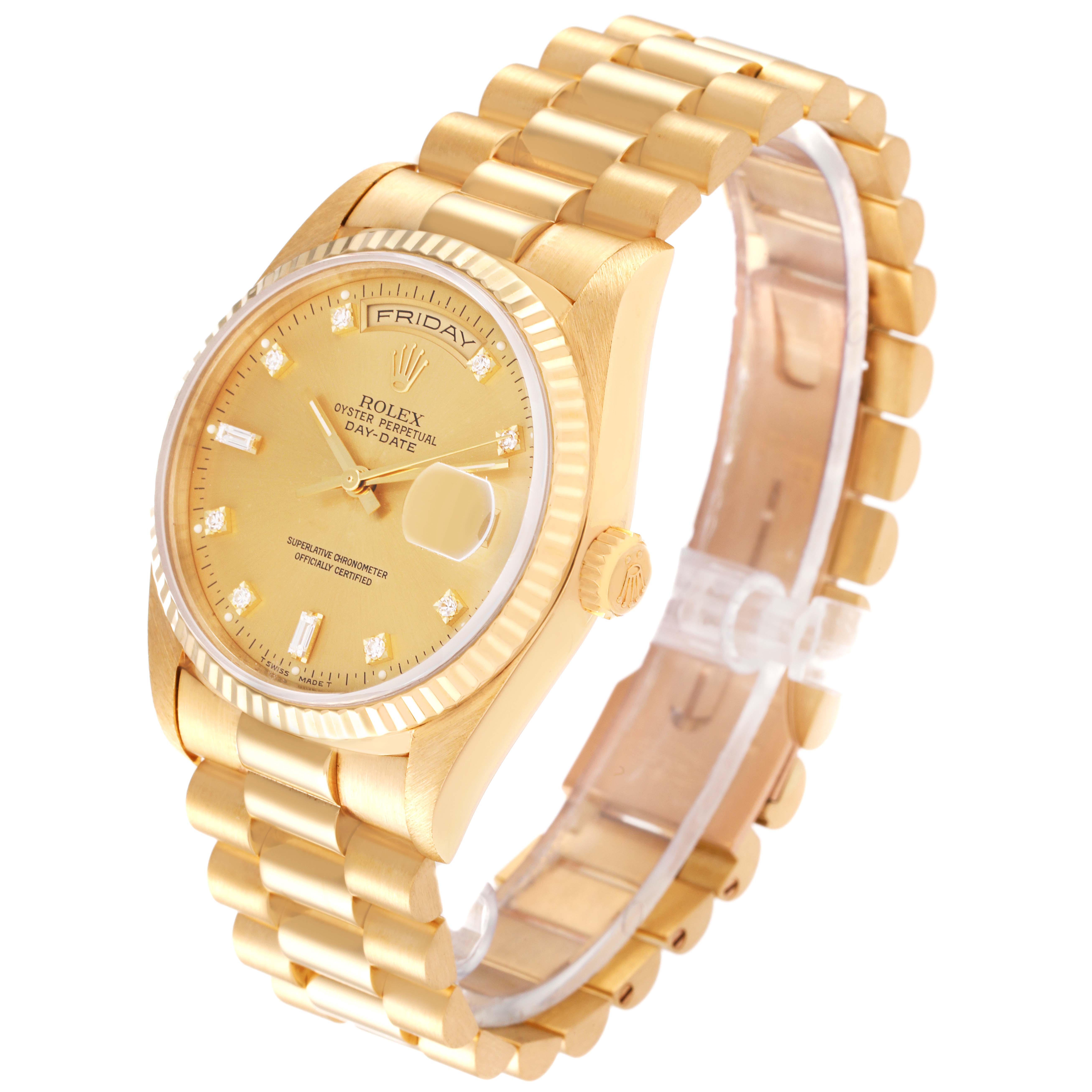 The Rolex President 18238 Men's Yellow Gold Champagne Dial 18238 Men's Yellow Gold Champagne Dial model watch is shown at a three-quarter angle, highlighting its band, crown, face, and fluted bezel.
