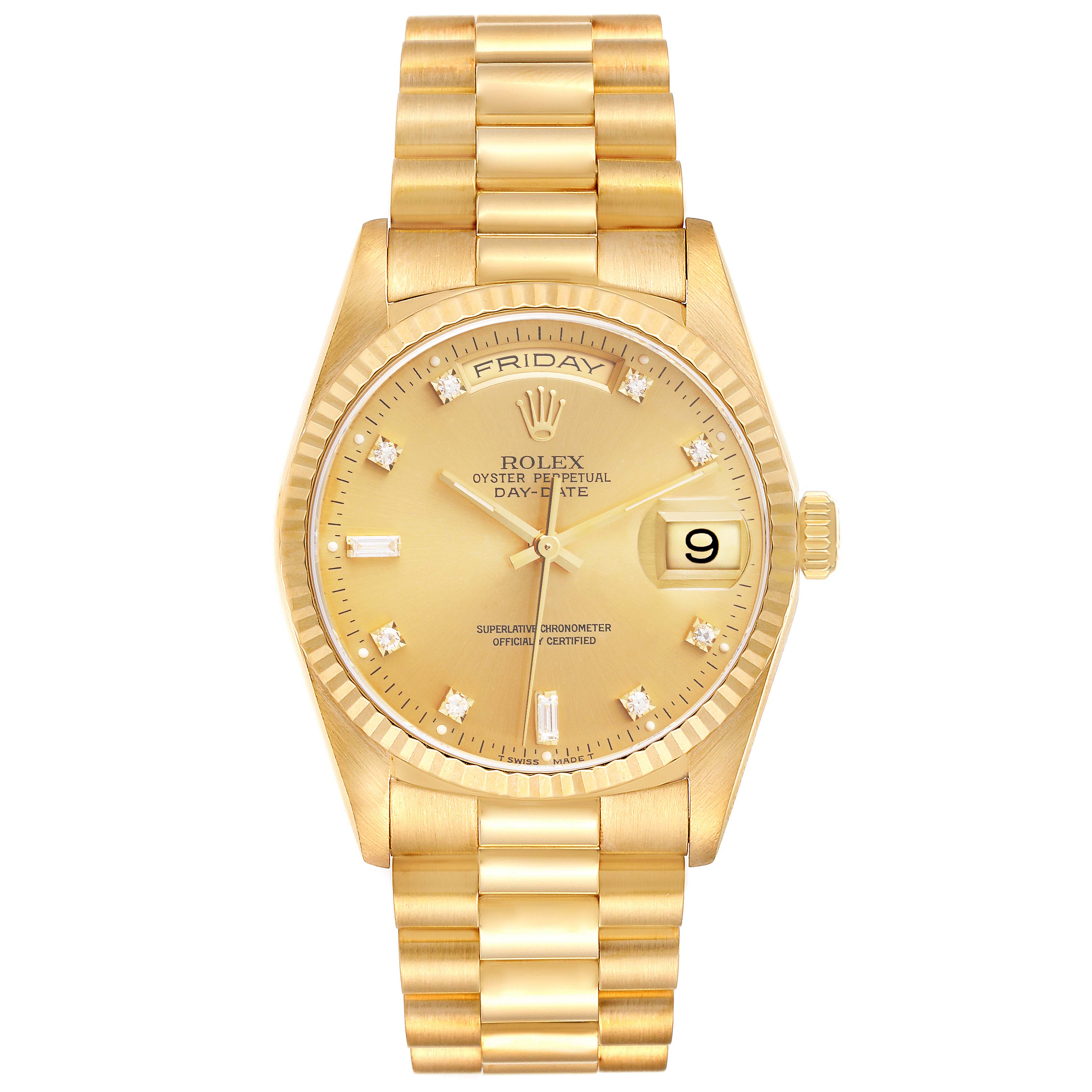 The image shows a Rolex President 18238 Men's Yellow Gold Champagne Dial 18238 Men's Yellow Gold Champagne Dial model watch from a front angle, highlighting the dial, bracelet, and crown.