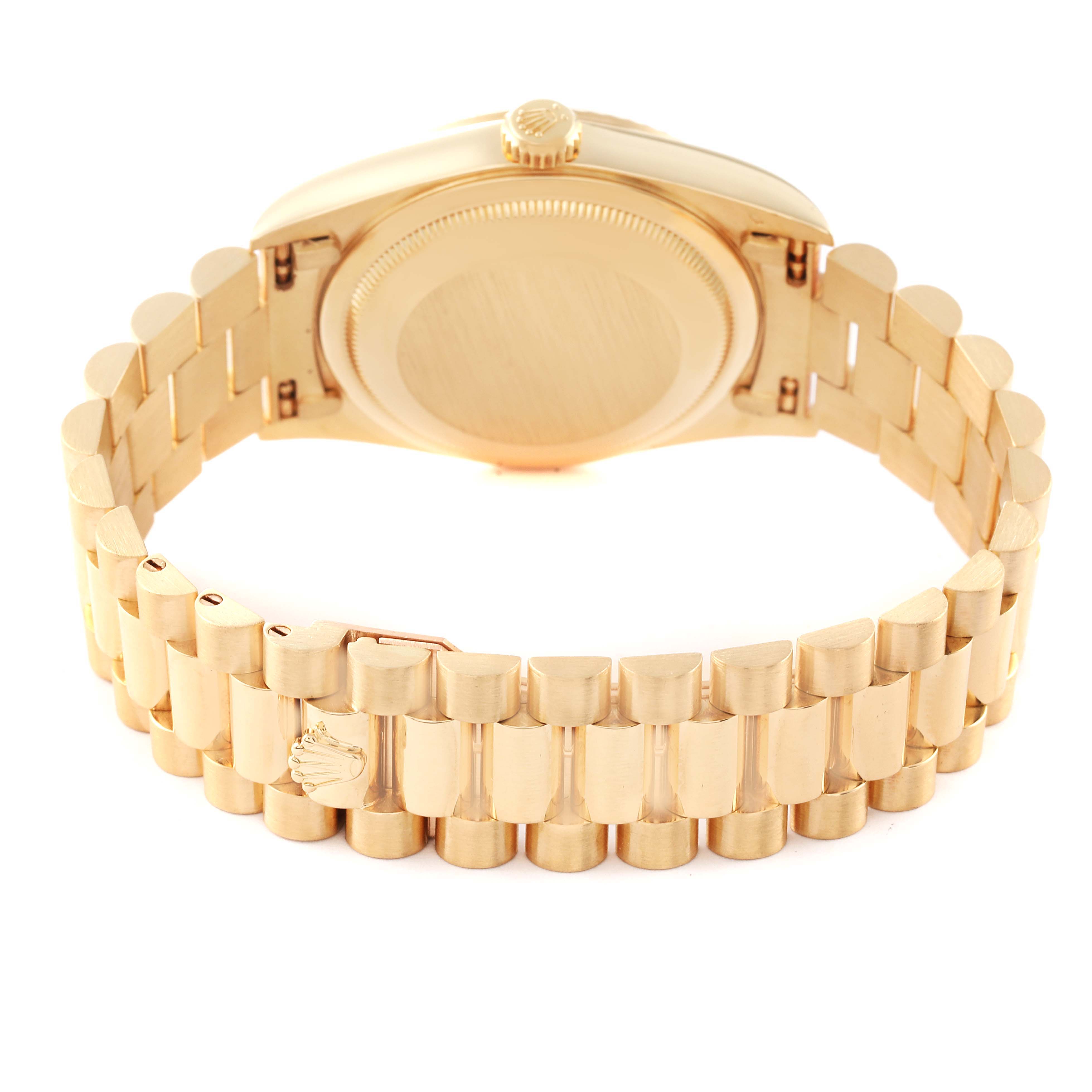 This image shows the back and bracelet of a Rolex President 18238 Men's Yellow Gold Champagne Dial 18238 Men's Yellow Gold Champagne Dial model watch, viewed from the rear.
