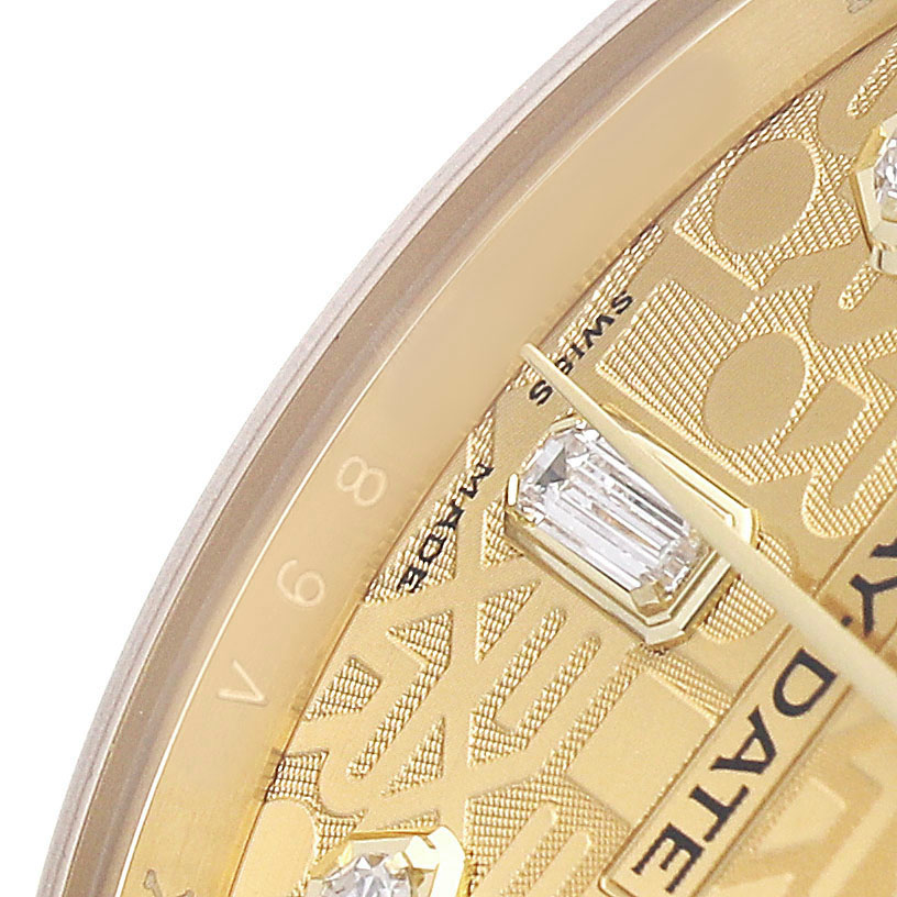 The image shows a close-up of the dial on a Rolex President 118238 Men's Yellow Gold Champagne Dial model watch, featuring diamond markers and partial branding.