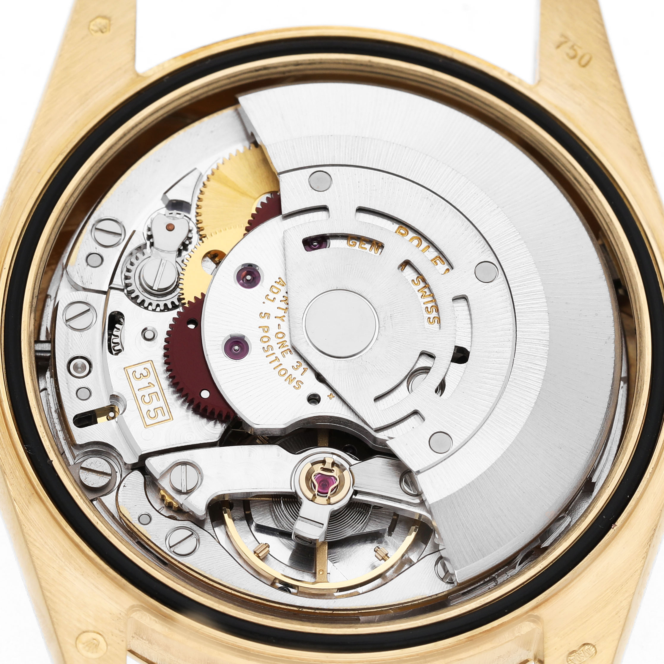 The image shows the internal mechanism and rotor of a Rolex President 118238 Men's Yellow Gold Champagne Dial watch from a back angle.