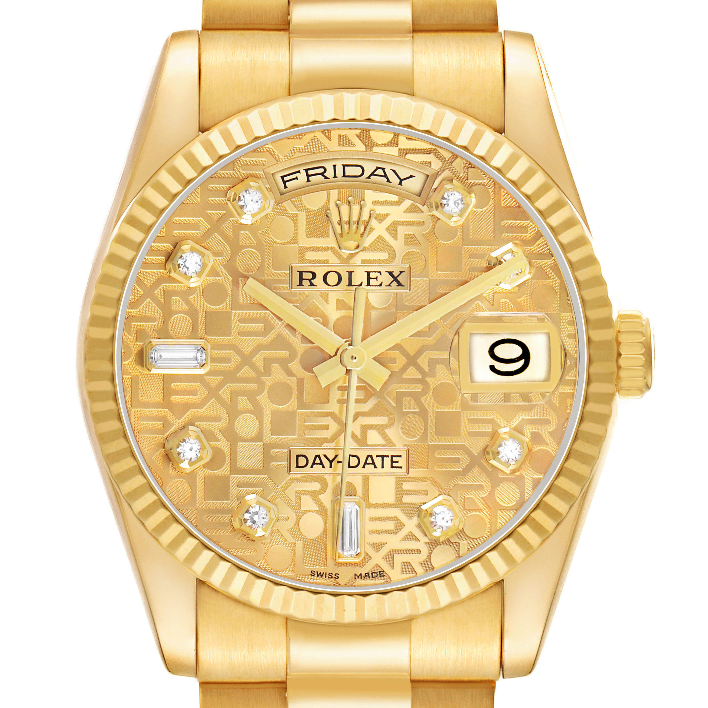 The Rolex President 118238 Men's Yellow Gold Champagne Dial model is shown from a frontal angle, highlighting the dial, bezel, and part of the bracelet.