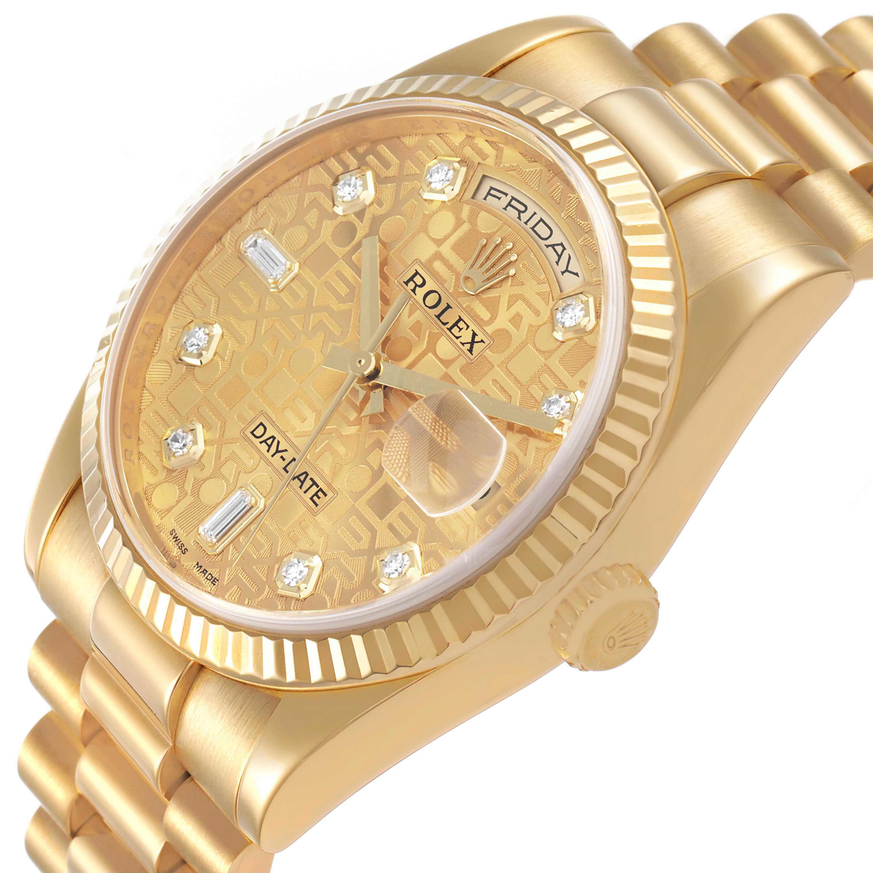 The Rolex President 118238 Men's Yellow Gold Champagne Dial watch is shown at a slight angle, highlighting the gold bracelet, diamond markers, and fluted bezel.