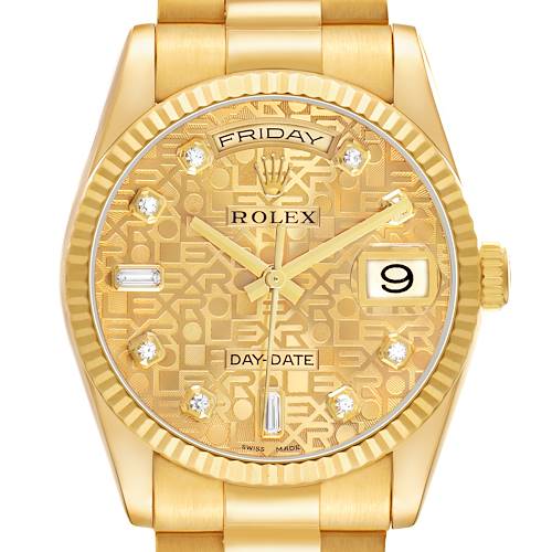 The image shows a front view of a Rolex President 118238 Men's Yellow Gold Champagne Dial model watch, highlighting the dial, bezel, and part of the bracelet.