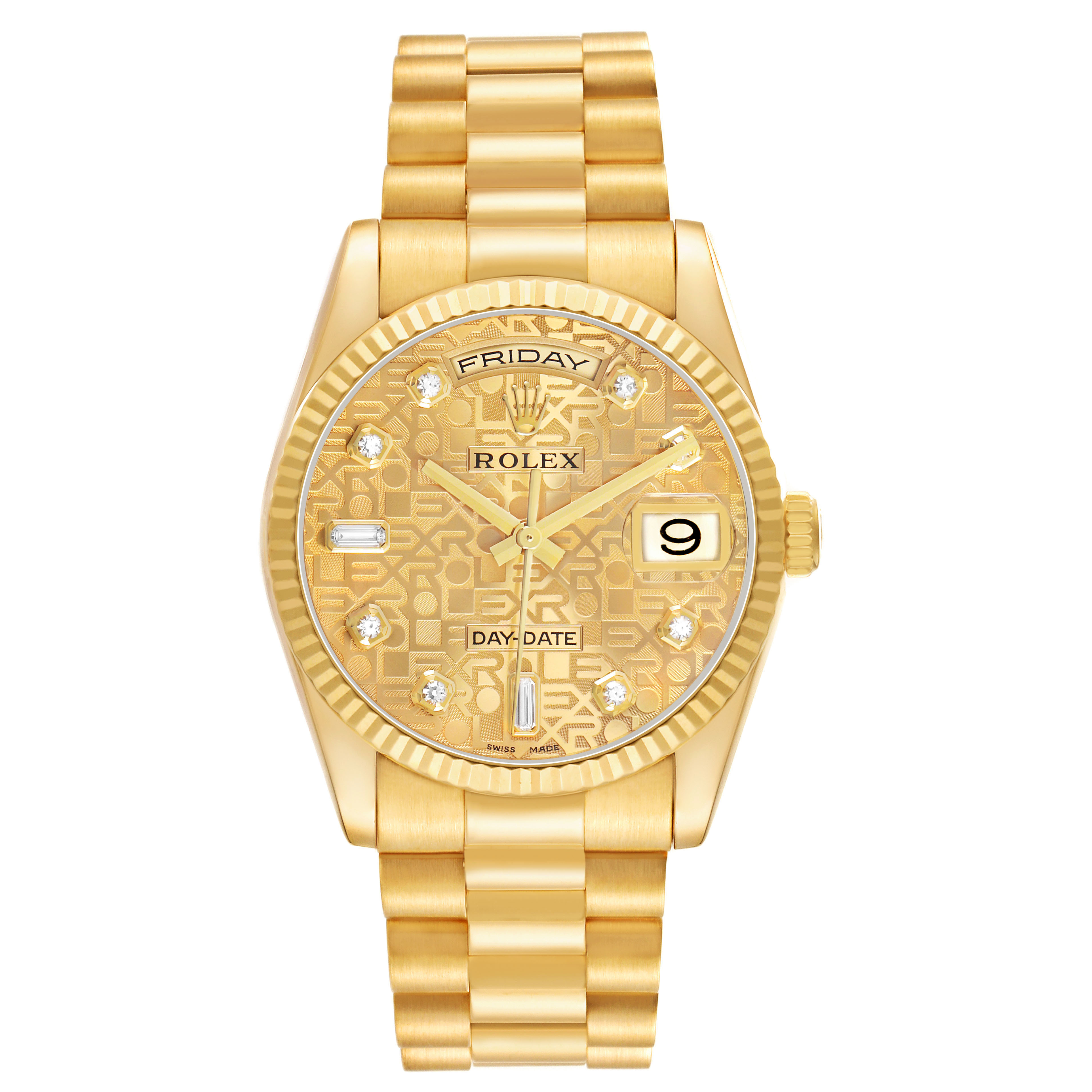 The Rolex President 118238 Men's Yellow Gold Champagne Dial model watch is shown from the front, displaying the dial, bracelet, and crown.