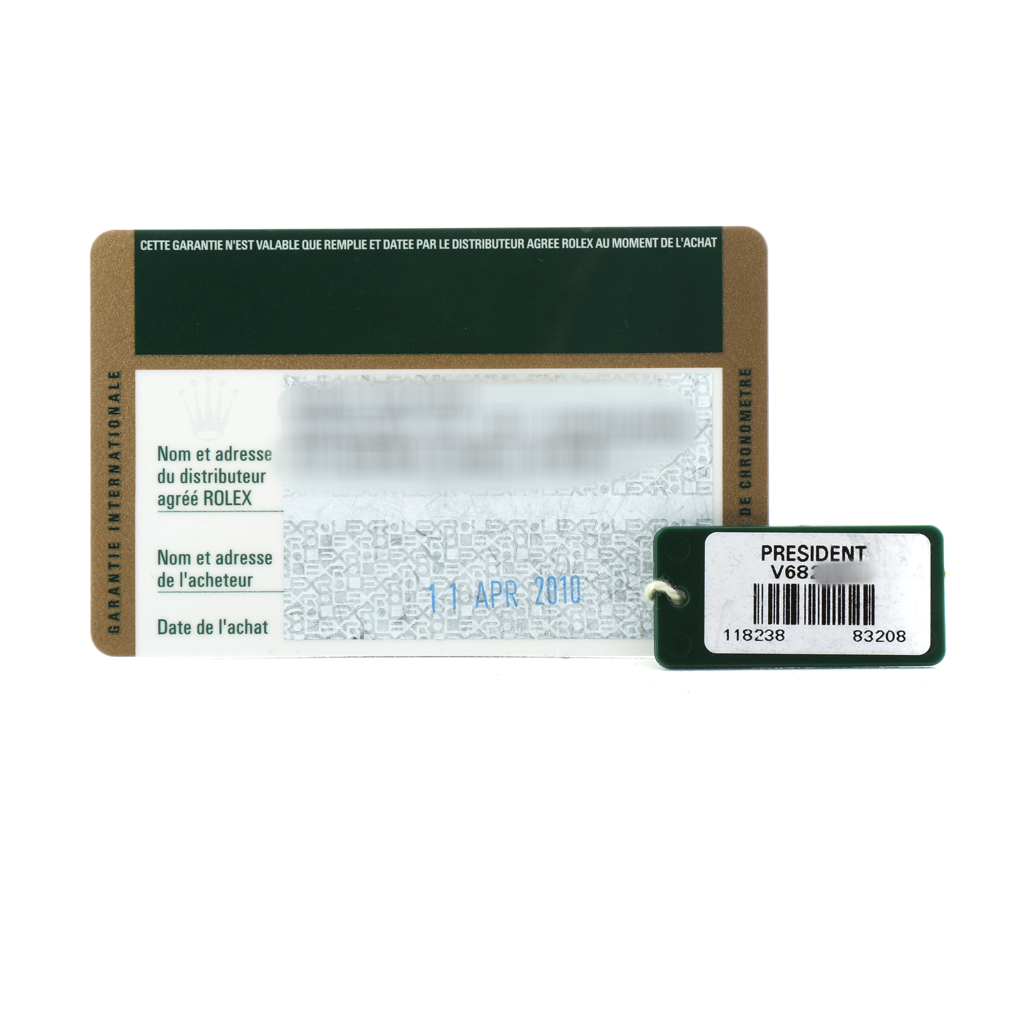 The image shows the warranty card and tag for the Rolex President 118238 Men's Yellow Gold Champagne Dial model, displaying purchase details and a barcode.