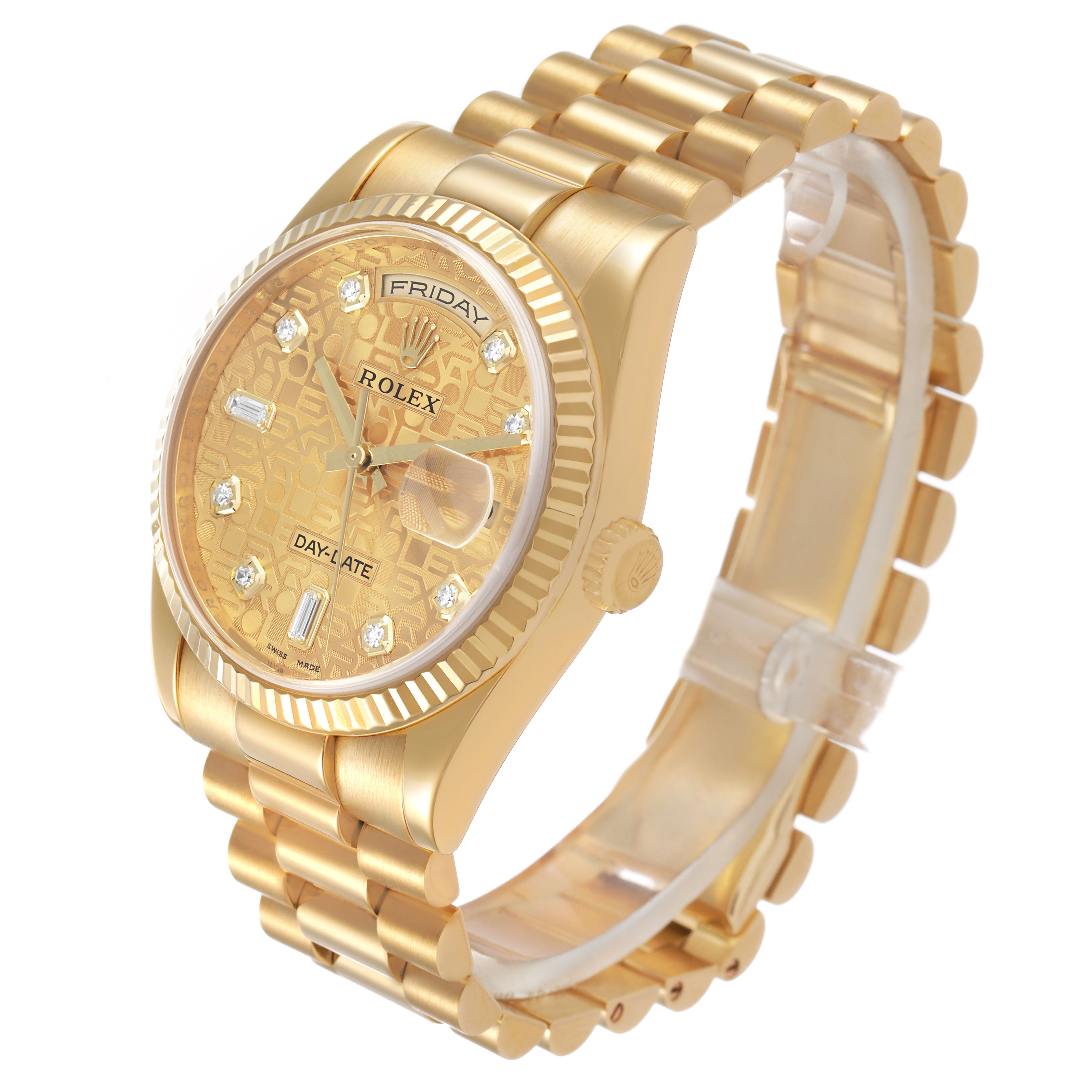 The Rolex President 118238 Men's Yellow Gold Champagne Dial model is shown at a three-quarter angle, highlighting the bracelet, dial, and crown.