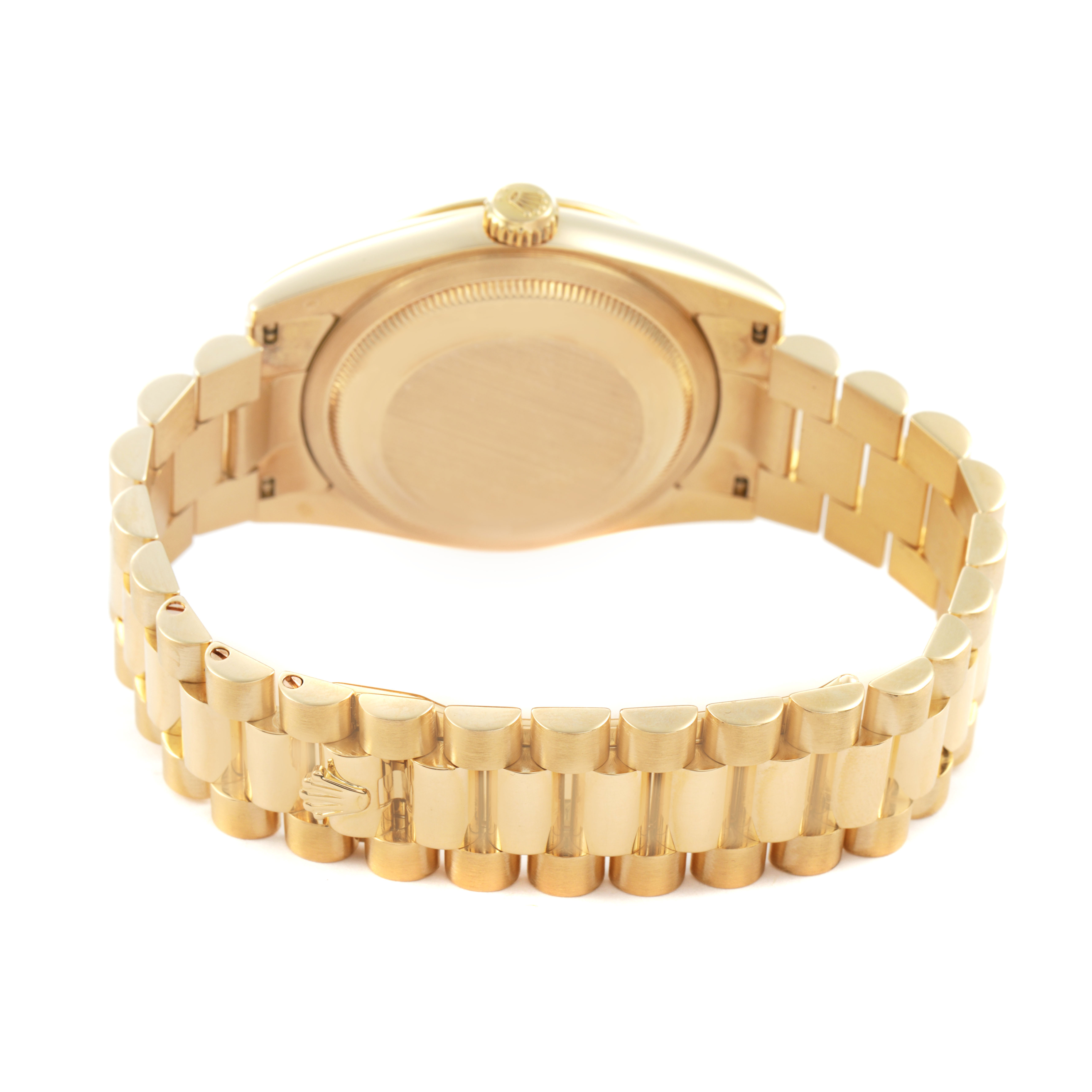 The image shows the back and bracelet of a Rolex President 118238 Men's Yellow Gold Champagne Dial watch, highlighting the clasp and case back.