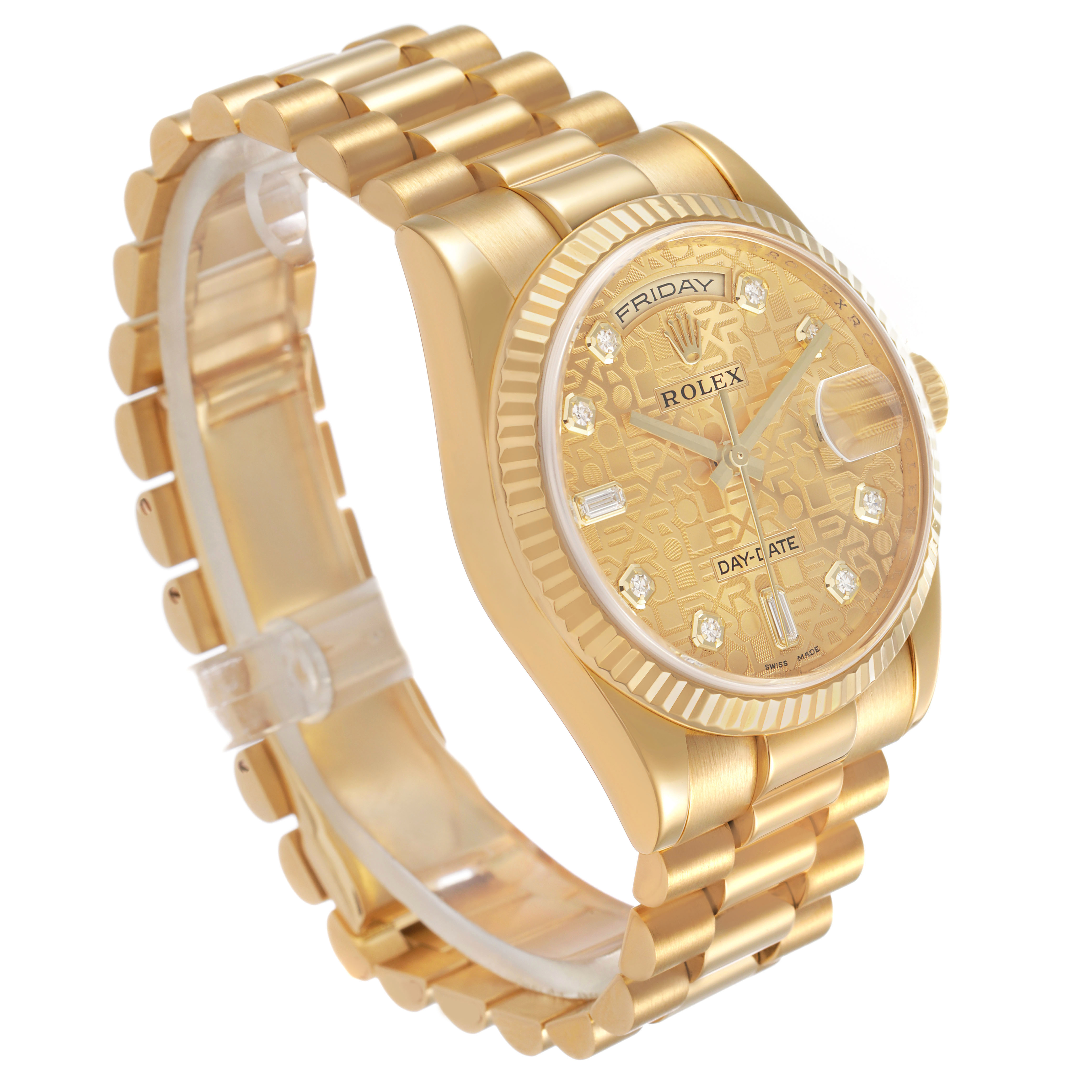 The Rolex President 118238 Men's Yellow Gold Champagne Dial watch is shown at a three-quarter angle displaying the dial, bezel, bracelet, and side crown.