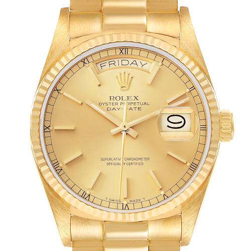 Photo of Rolex President Day-Date Yellow Gold Champagne Dial Mens Watch 18038 Box Papers