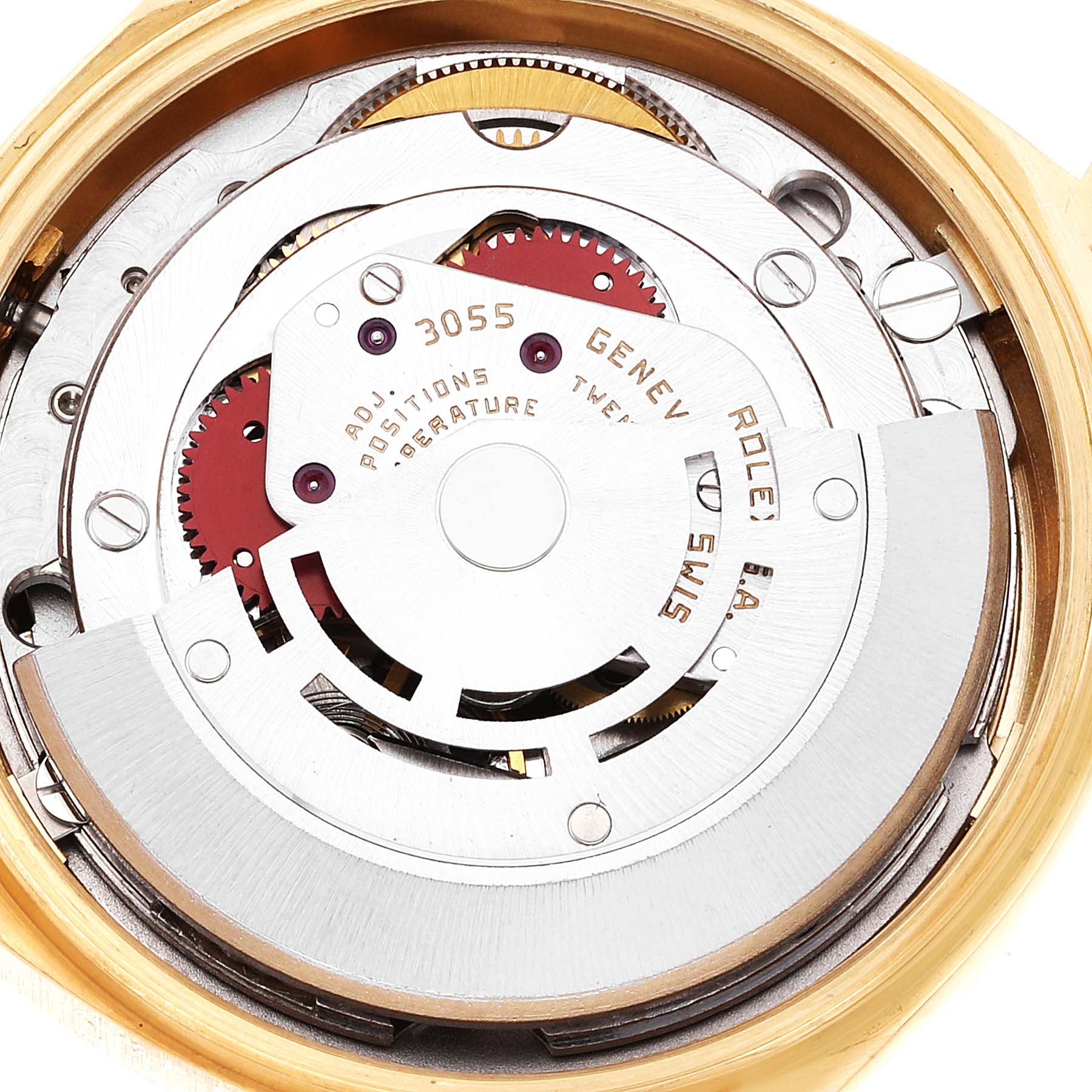 This image shows the internal mechanism of a Rolex President 18038 Men
s Yellow Gold Champagne Dial 18038 Men
s Yellow Gold Champagne Dial model watch from a top-down angle.
