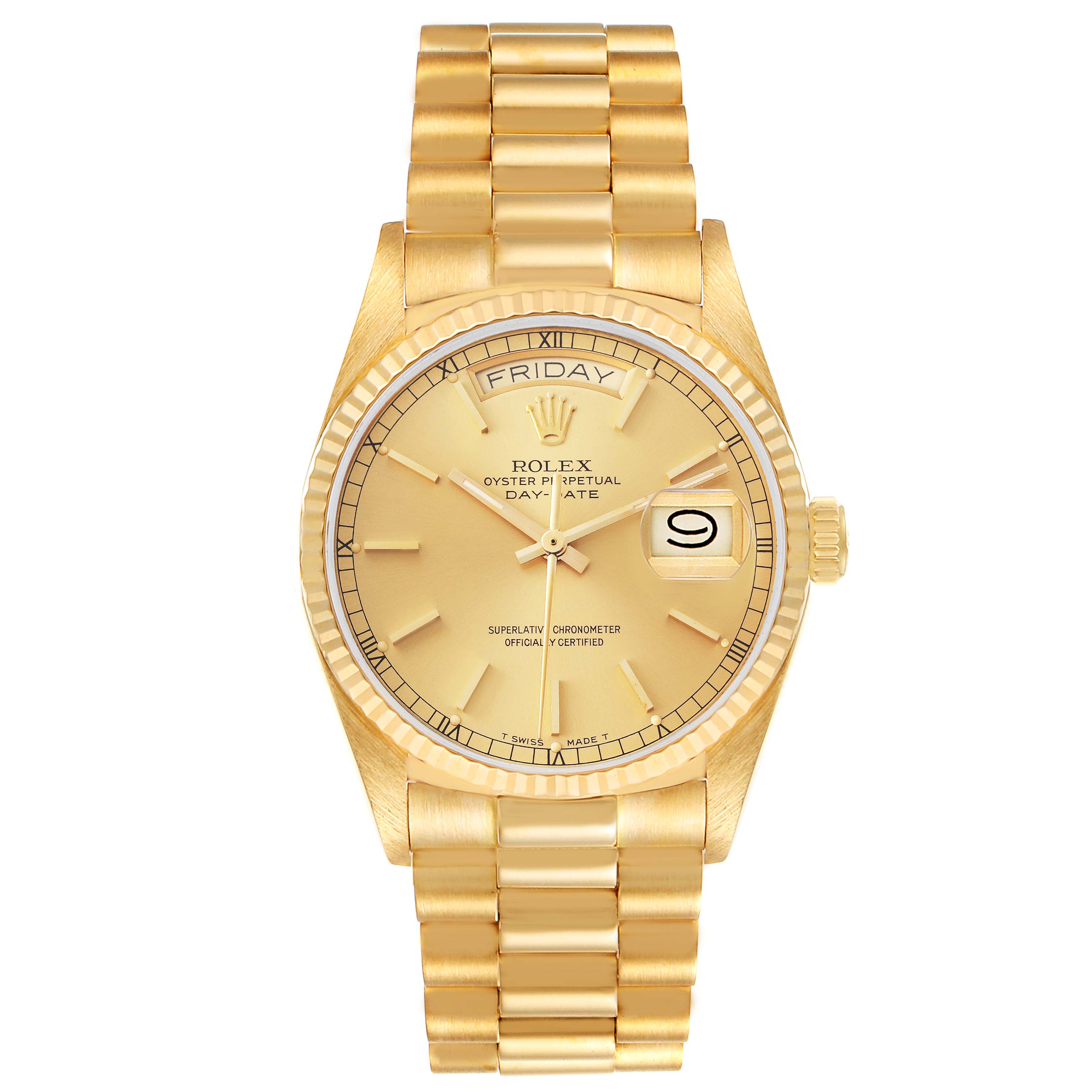 The Rolex President 18038 Men
s Yellow Gold Champagne Dial 18038 Men
s Yellow Gold Champagne Dial model watch is shown from the front, displaying its dial, bezel, and bracelet.