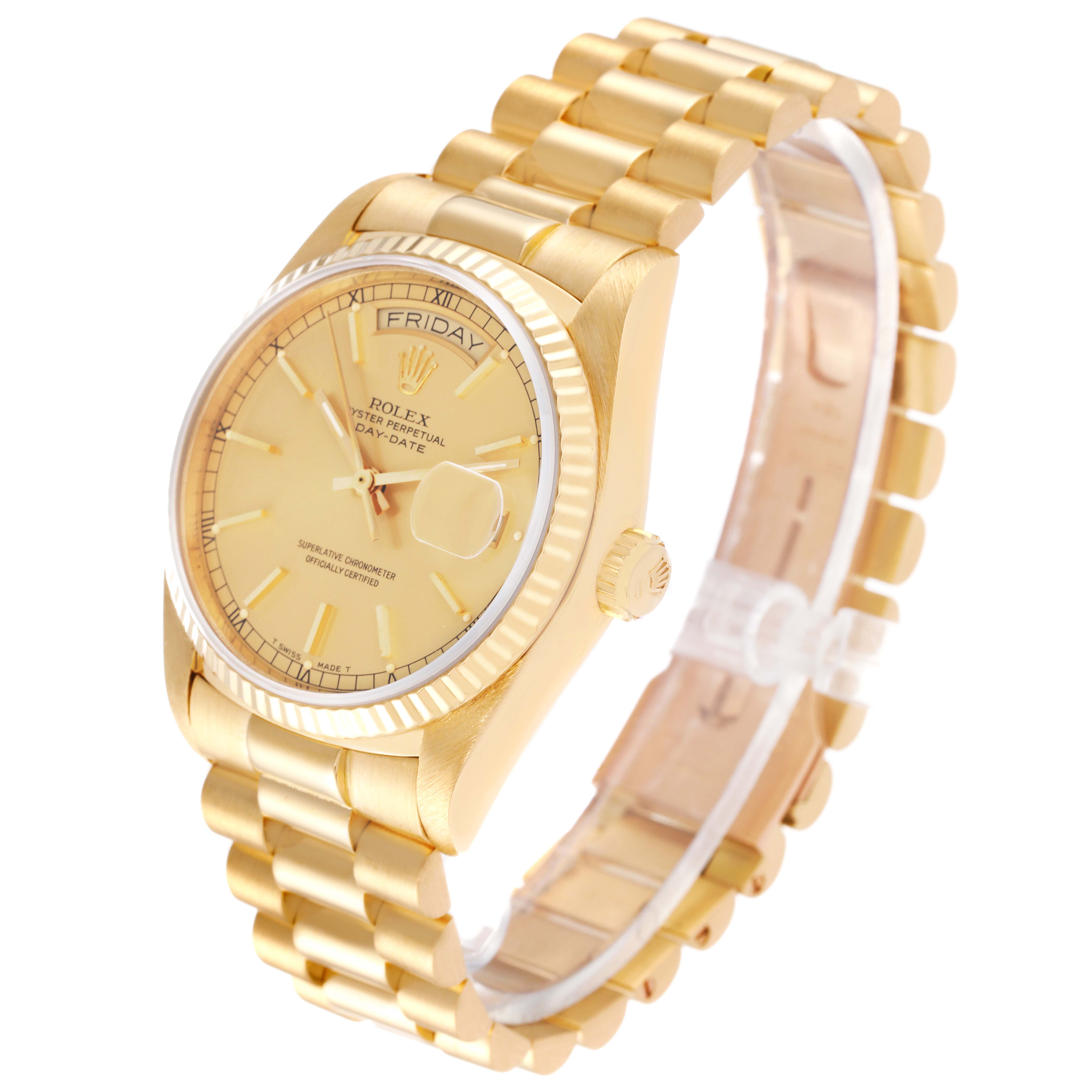 The image shows a side-angled view of a Rolex President 18038 Men
s Yellow Gold Champagne Dial 18038 Men
s Yellow Gold Champagne Dial model watch, highlighting its gold bracelet, fluted bezel, and day-date display.