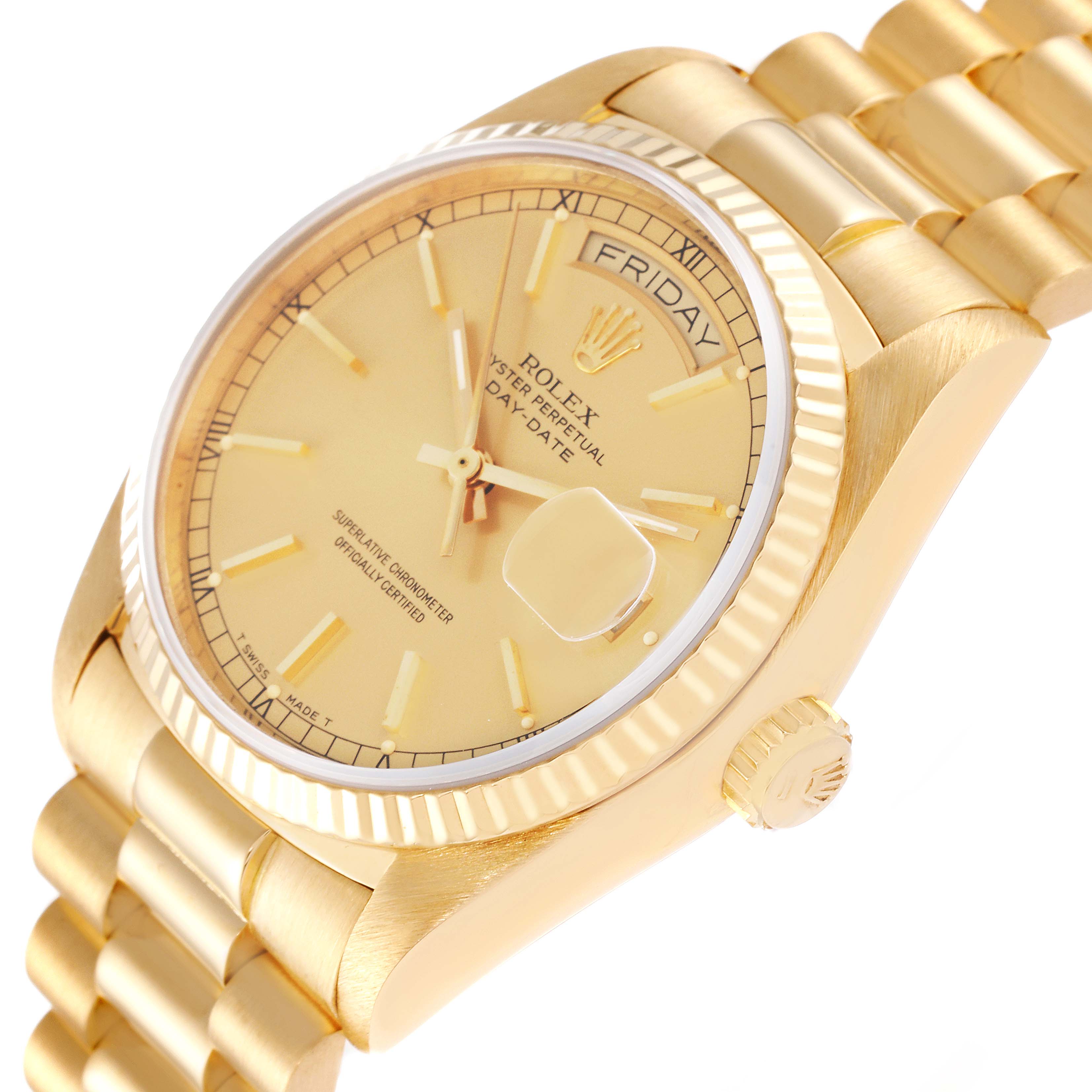 This image shows a close-up and angled view of the Rolex President 18038 Men
s Yellow Gold Champagne Dial 18038 Men
s Yellow Gold Champagne Dial watch displaying the face, crown, bezel, and part of the bracelet.