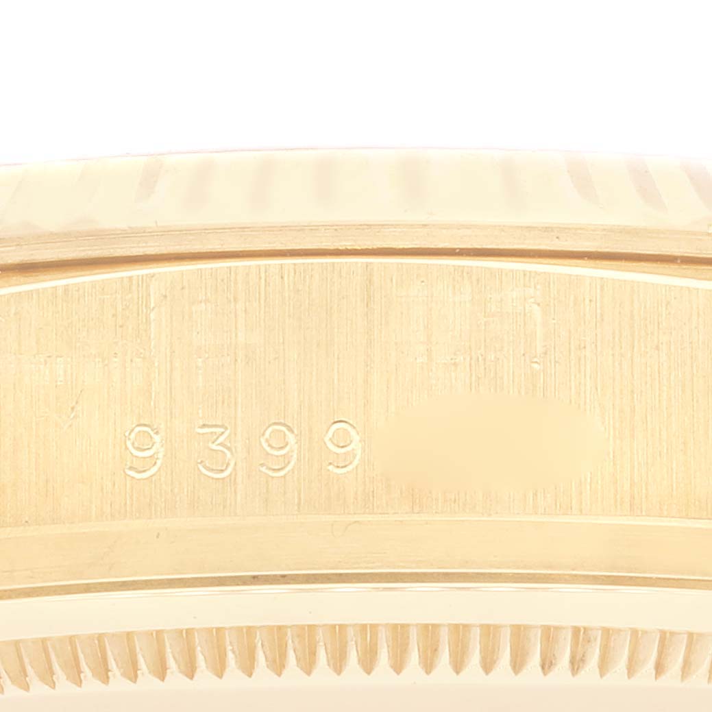 This image shows a close-up of the side casing with serial number engraving on a Rolex President 18038 Men
s Yellow Gold Champagne Dial 18038 Men
s Yellow Gold Champagne Dial model watch.