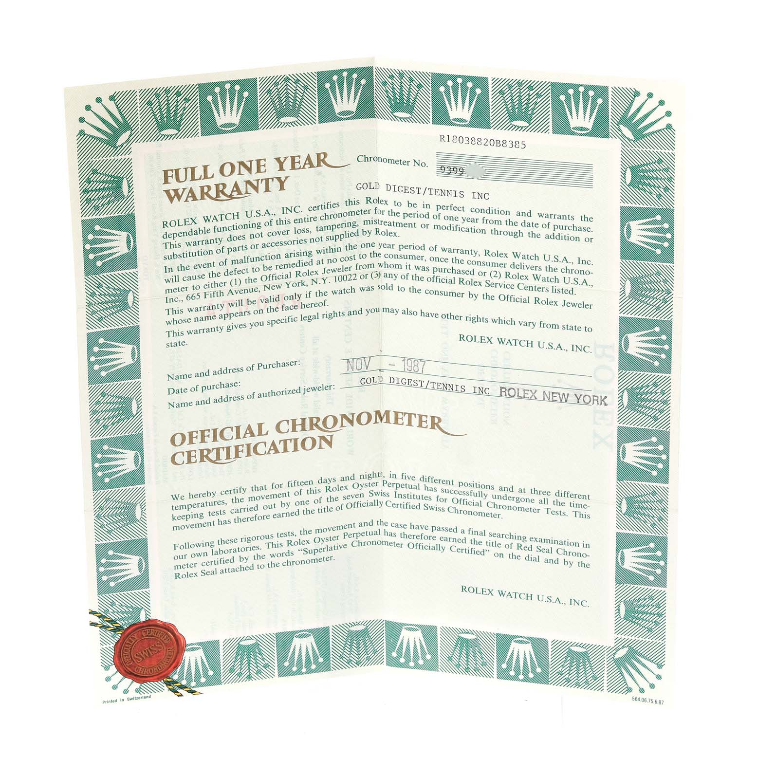 The image shows an open official one-year warranty and chronometer certification for a Rolex President 18038 Men
s Yellow Gold Champagne Dial 18038 Men
s Yellow Gold Champagne Dial model watch.