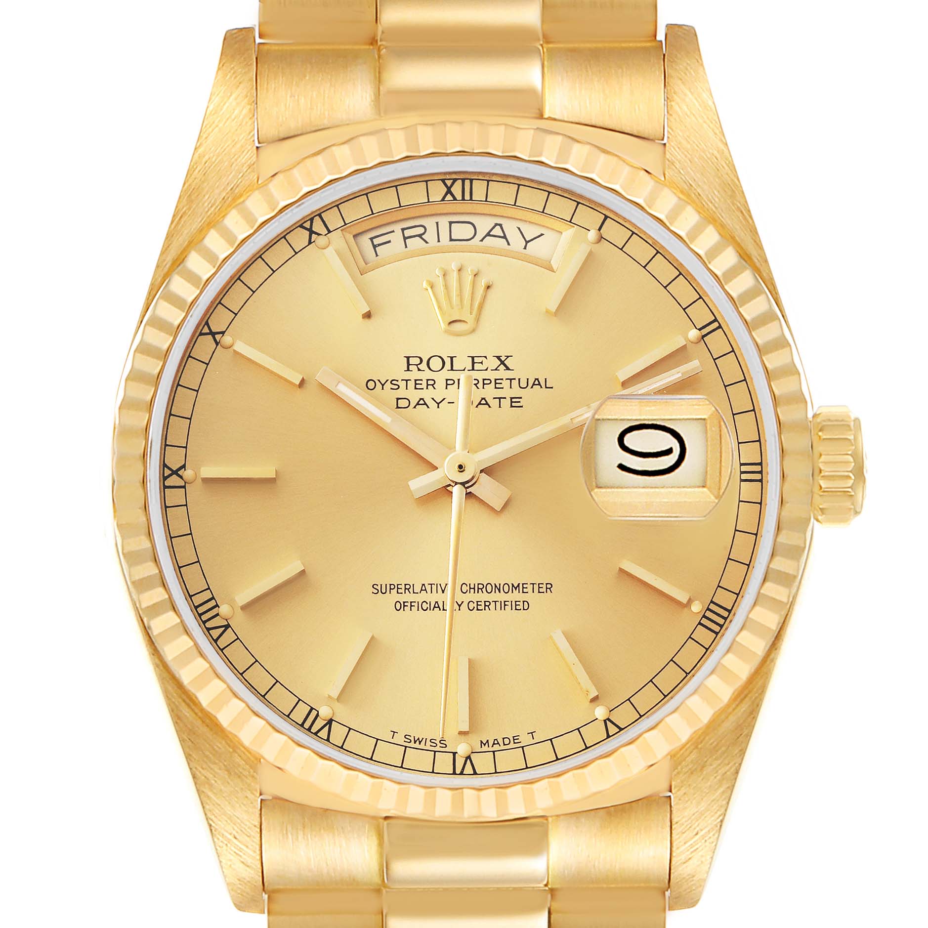 This image shows a front view of the Rolex President 18038 Men
s Yellow Gold Champagne Dial 18038 Men
s Yellow Gold Champagne Dial model watch, highlighting its face, dial, bezel, and part of the bracelet.