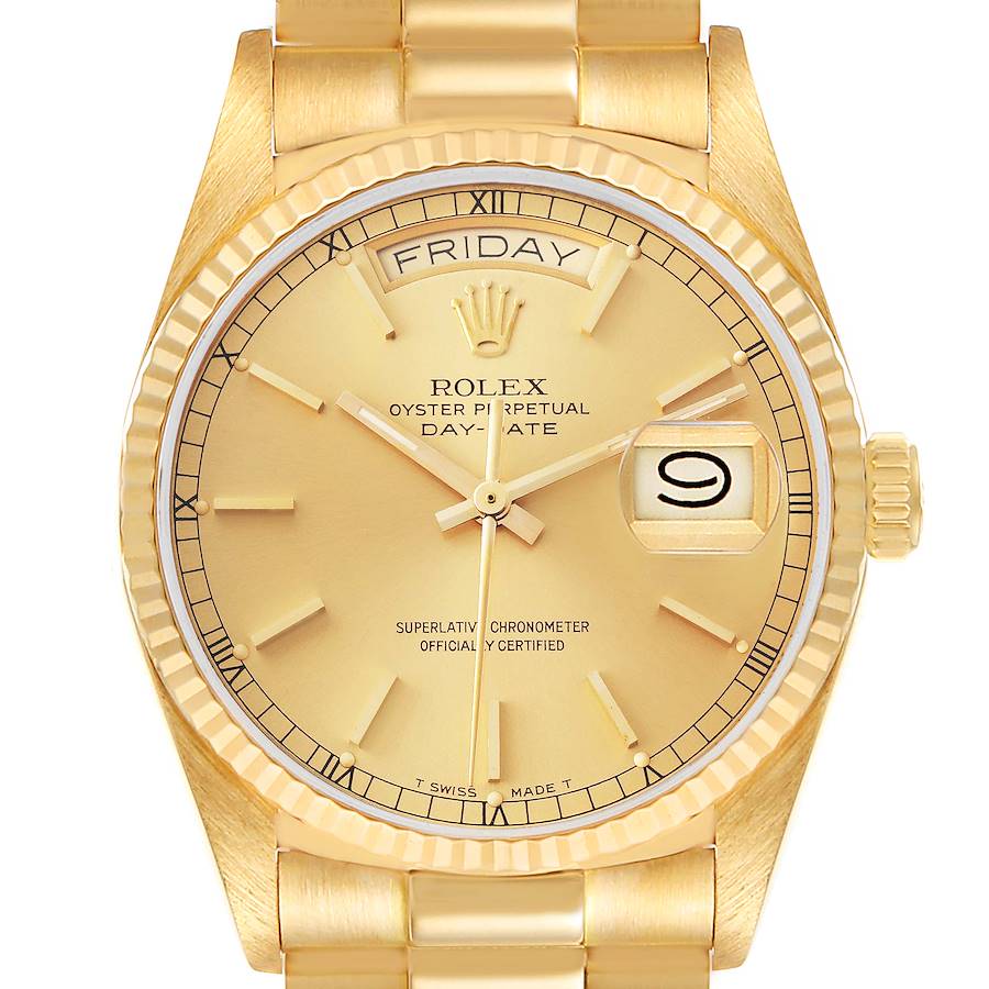 Rolex President Day-Date Yellow Gold Champagne Dial Mens Watch 18038 Box Papers SwissWatchExpo