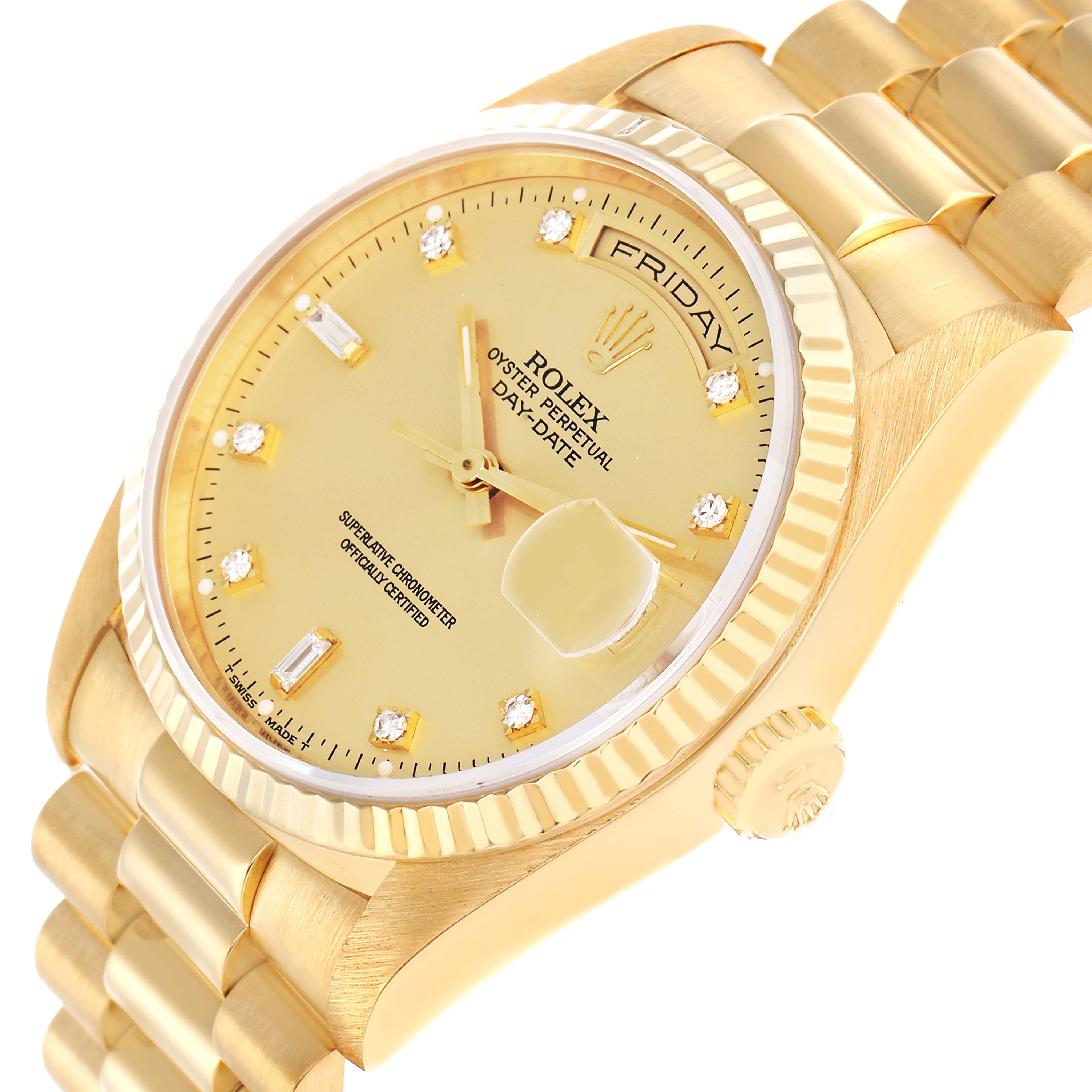 The Rolex President 18238 Men
s Yellow Gold Champagne Dial watch is shown at an angle highlighting its dial, bezel, and bracelet.