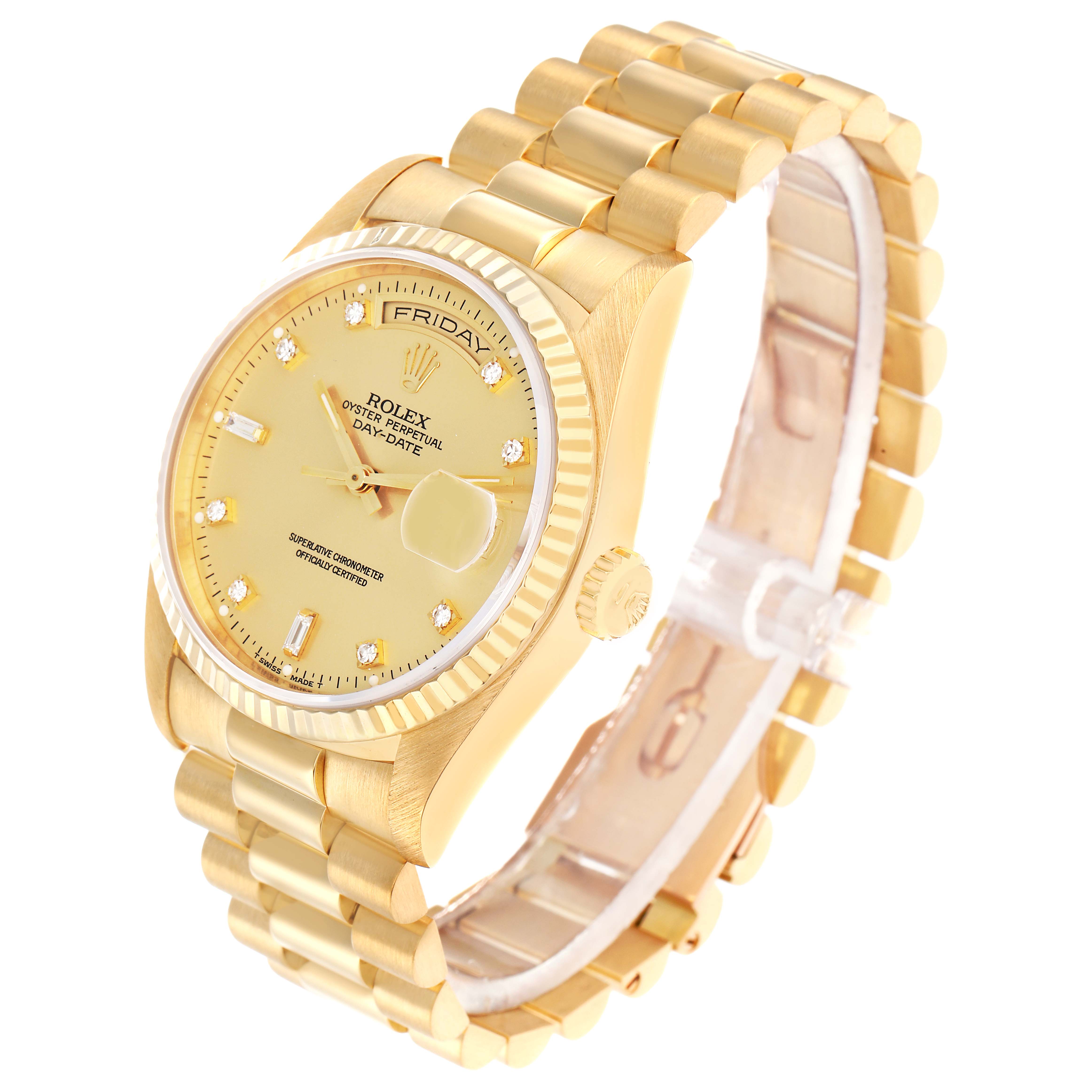 The image shows a Rolex President 18238 Men
s Yellow Gold Champagne Dial model watch at a three-quarter angle, highlighting the bracelet, bezel, and dial.