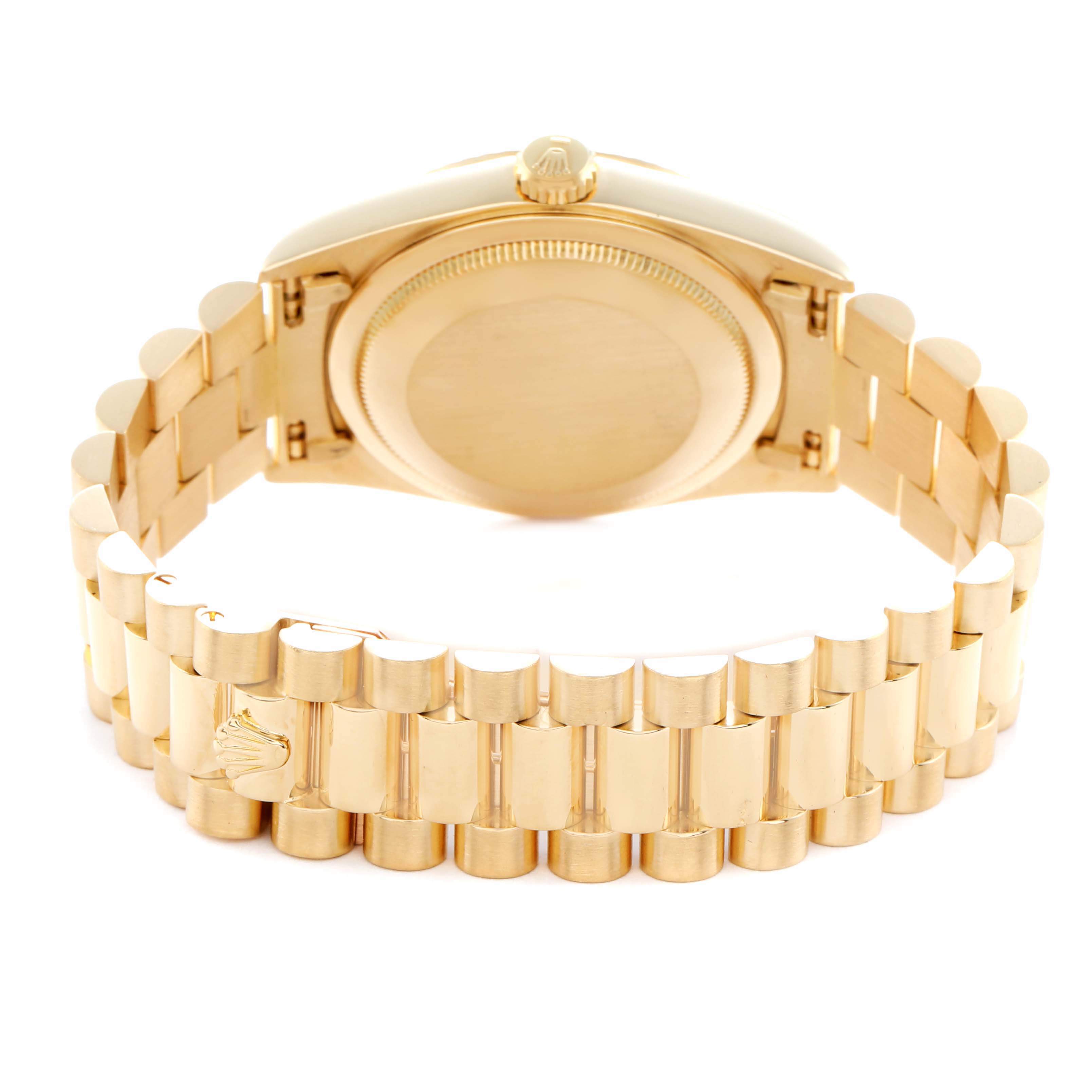The image shows the back view of the Rolex President 18238 Men
s Yellow Gold Champagne Dial model, highlighting its case back and bracelet.