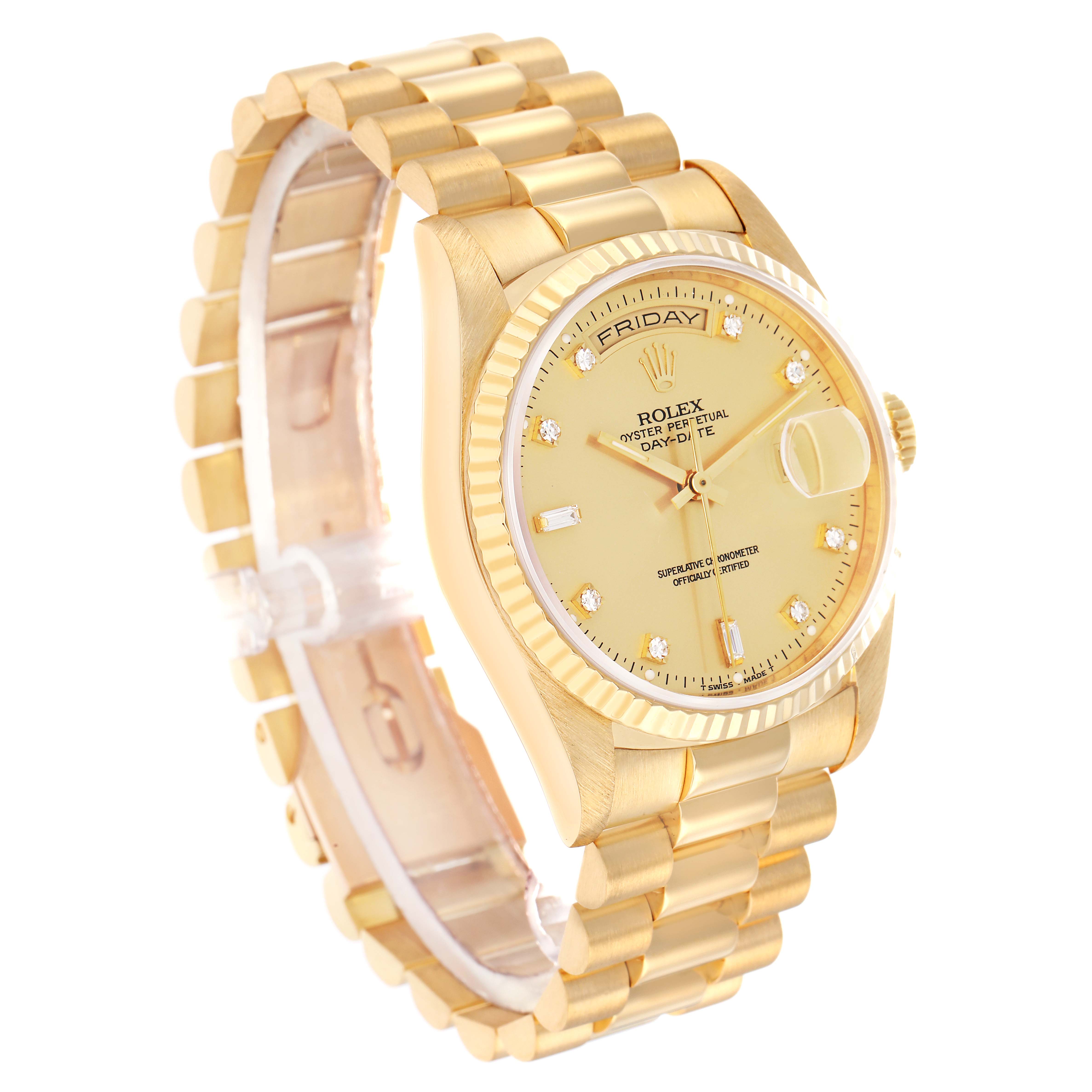The Rolex President 18238 Men
s Yellow Gold Champagne Dial model is shown at a three-quarter angle, highlighting the gold bracelet, face, and fluted bezel.
