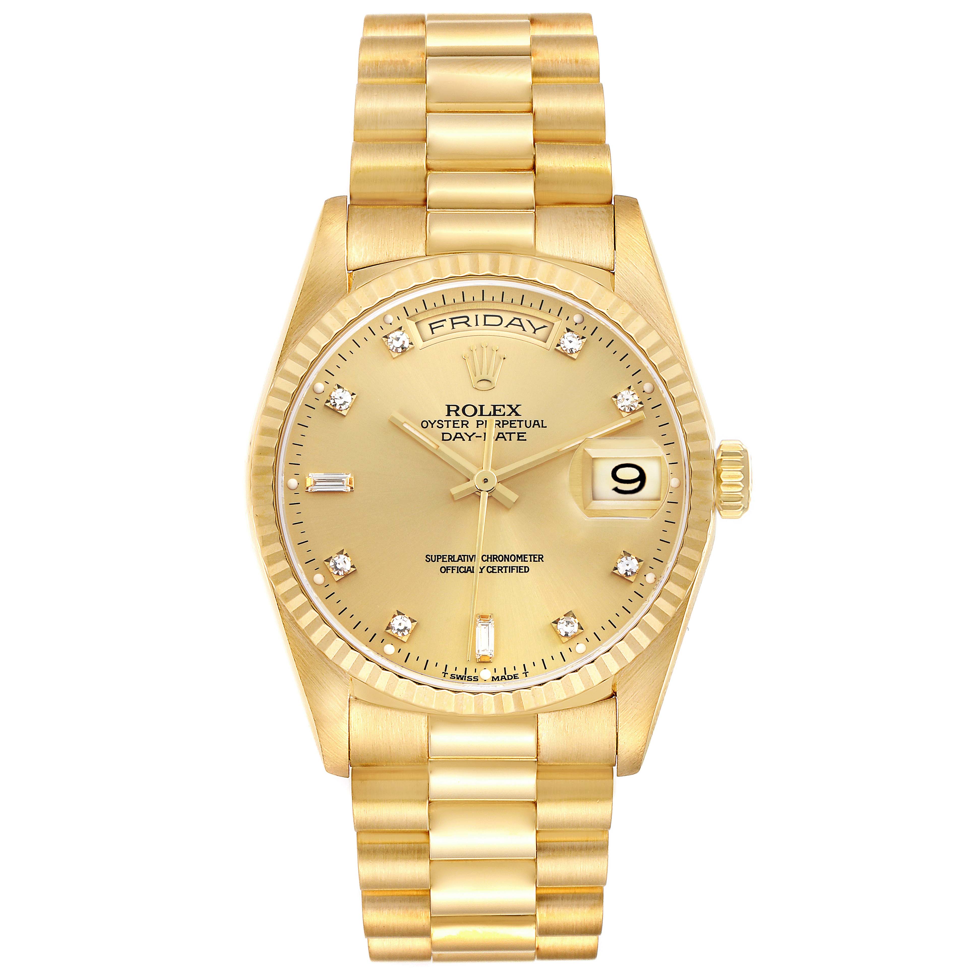 The Rolex President 18238 Men
s Yellow Gold Champagne Dial model is shown from a front view, displaying the dial, bracelet, and fluted bezel in gold.