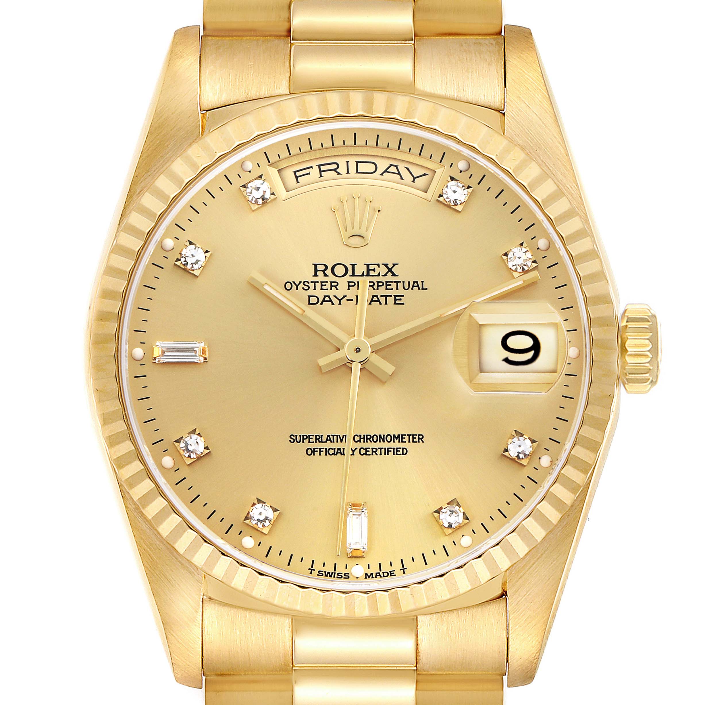 The Rolex President 18238 Men
s Yellow Gold Champagne Dial watch is shown from a front angle, highlighting the dial, hands, bezel, and bracelet.