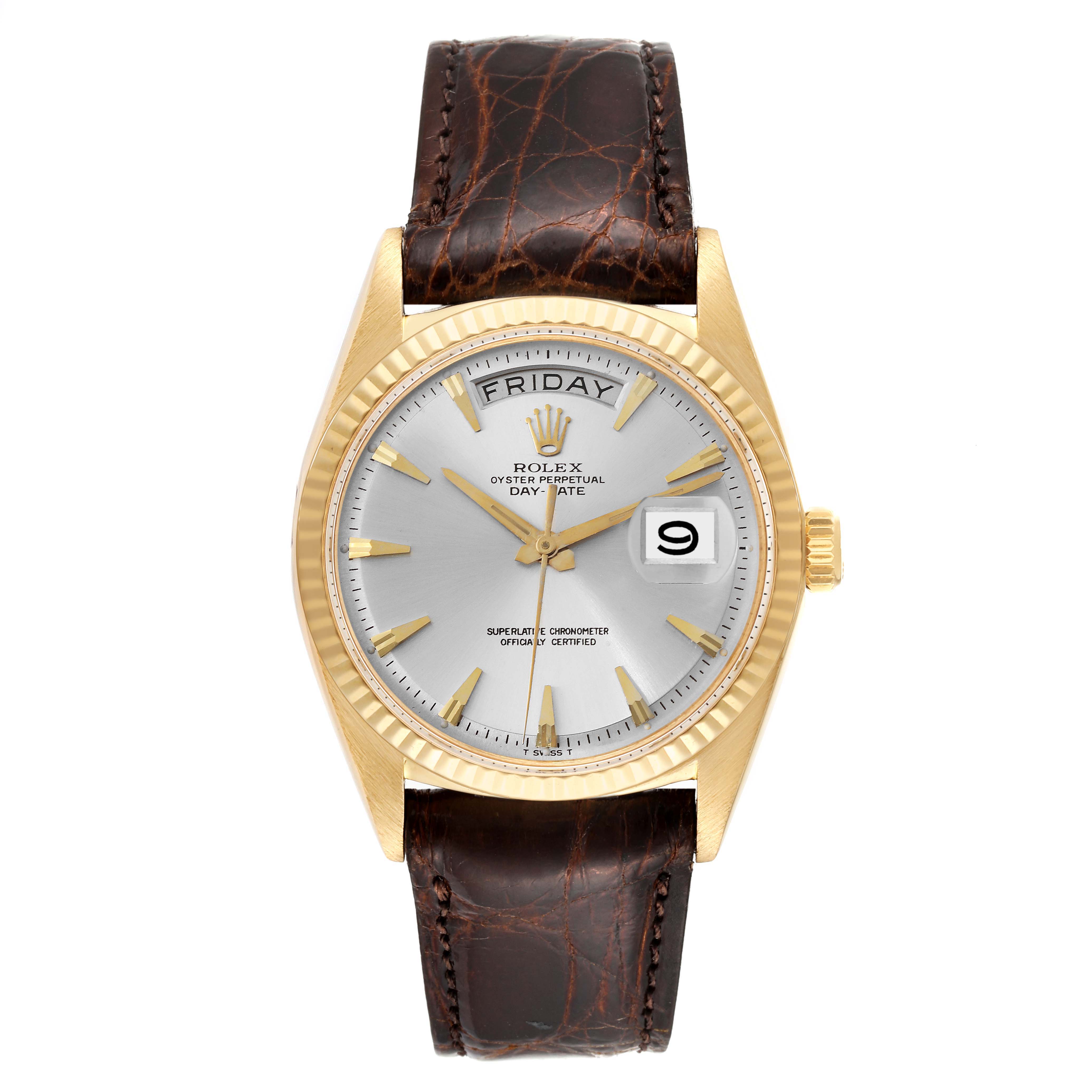 The Vintage Collection Rolex watch is shown from a front angle, highlighting its face, bezel, and leather strap.