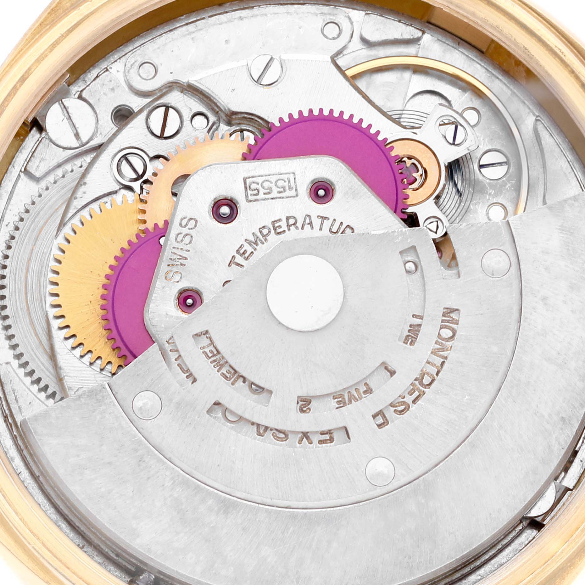 The image shows the internal mechanism of a Rolex Vintage Collection 1803 Men's Yellow Gold Silver Dial 1803 Men's Yellow Gold Silver Dial model from a close-up, top-down angle.