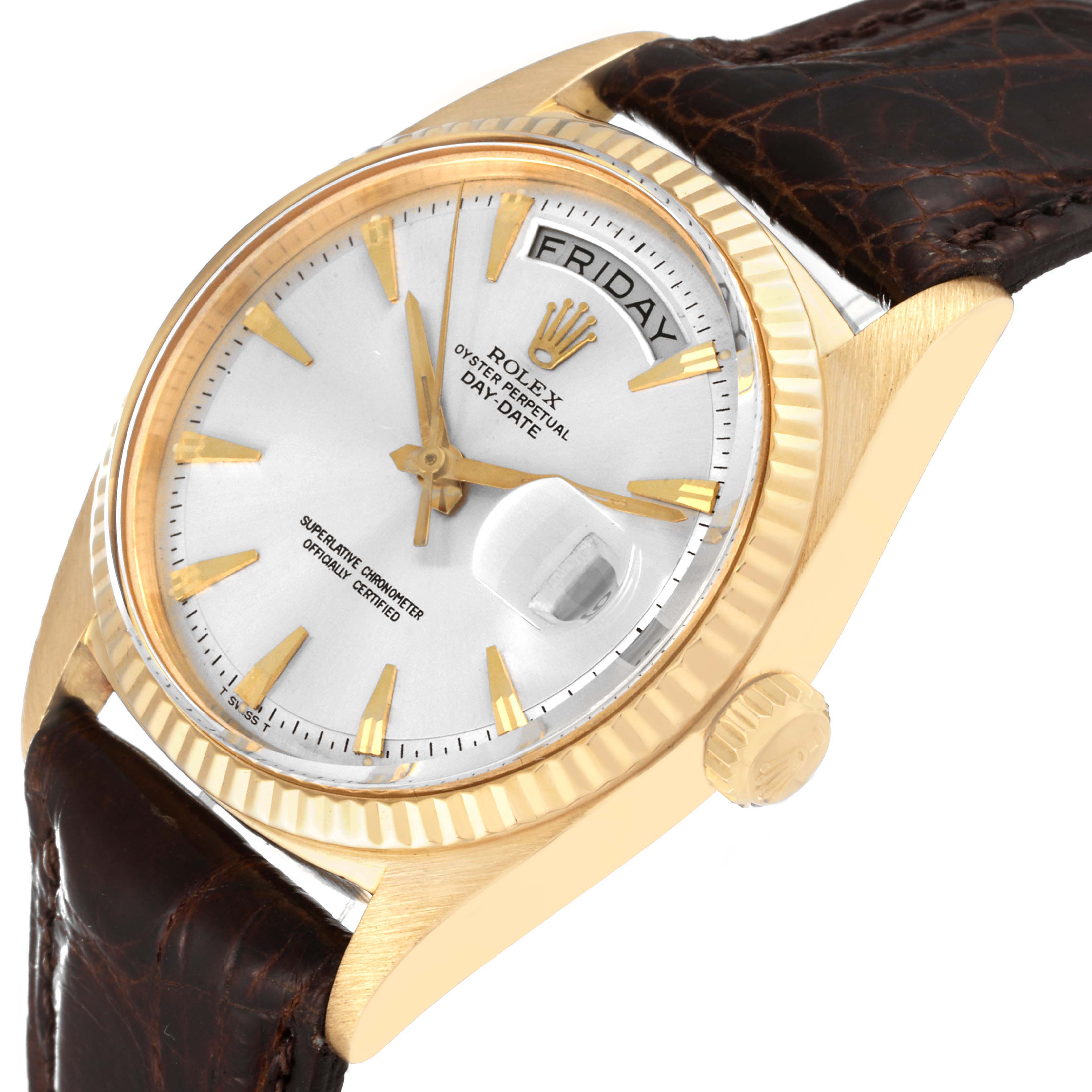 This image shows a close-up angled view of the Rolex Vintage Collection 1803 Men's Yellow Gold Silver Dial 1803 Men's Yellow Gold Silver Dial watch, highlighting its dial, crown, and leather strap.