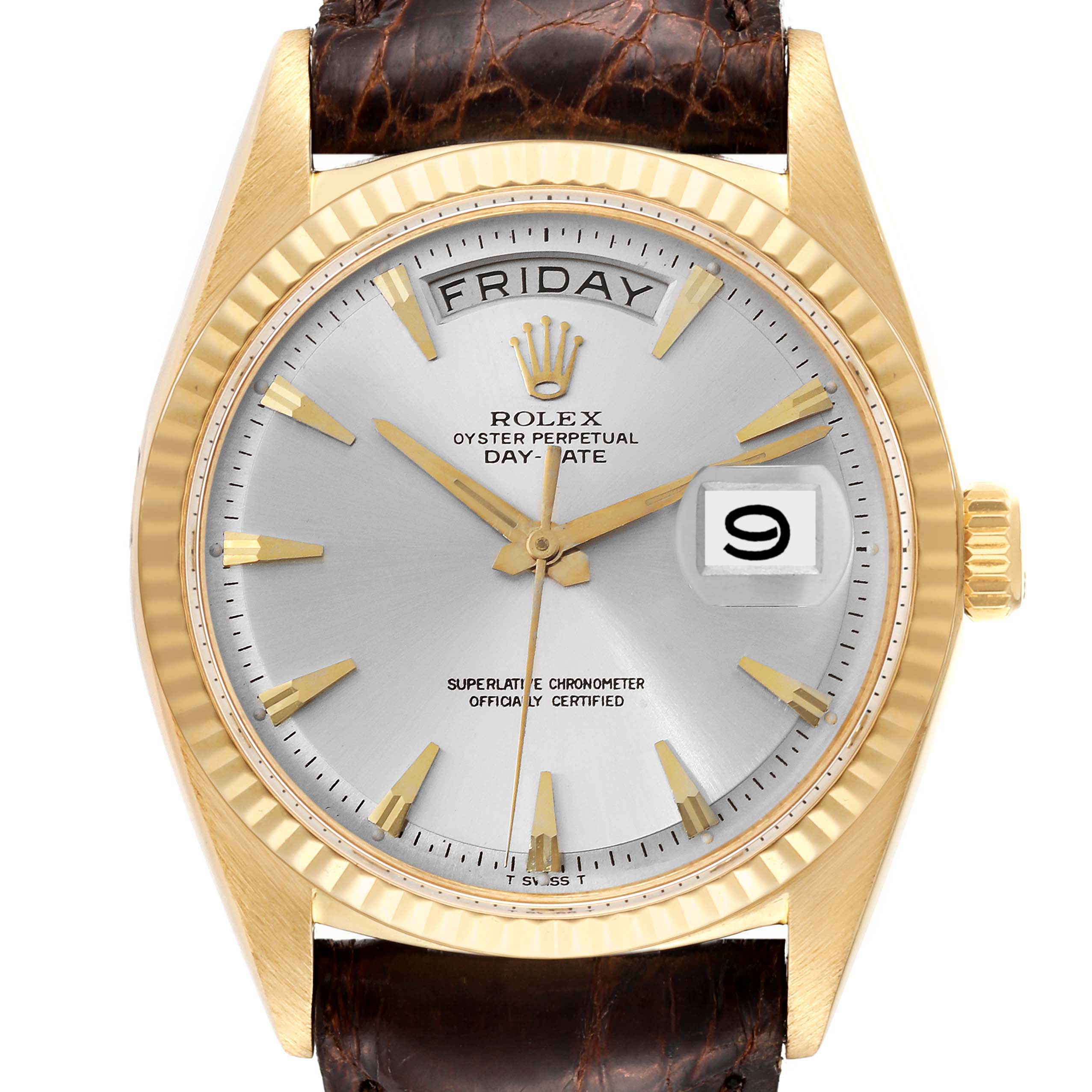 The image shows a front view of the Rolex Vintage Collection 1803 Men's Yellow Gold Silver Dial 1803 Men's Yellow Gold Silver Dial model, displaying the dial, day, date, hands, and part of the strap.