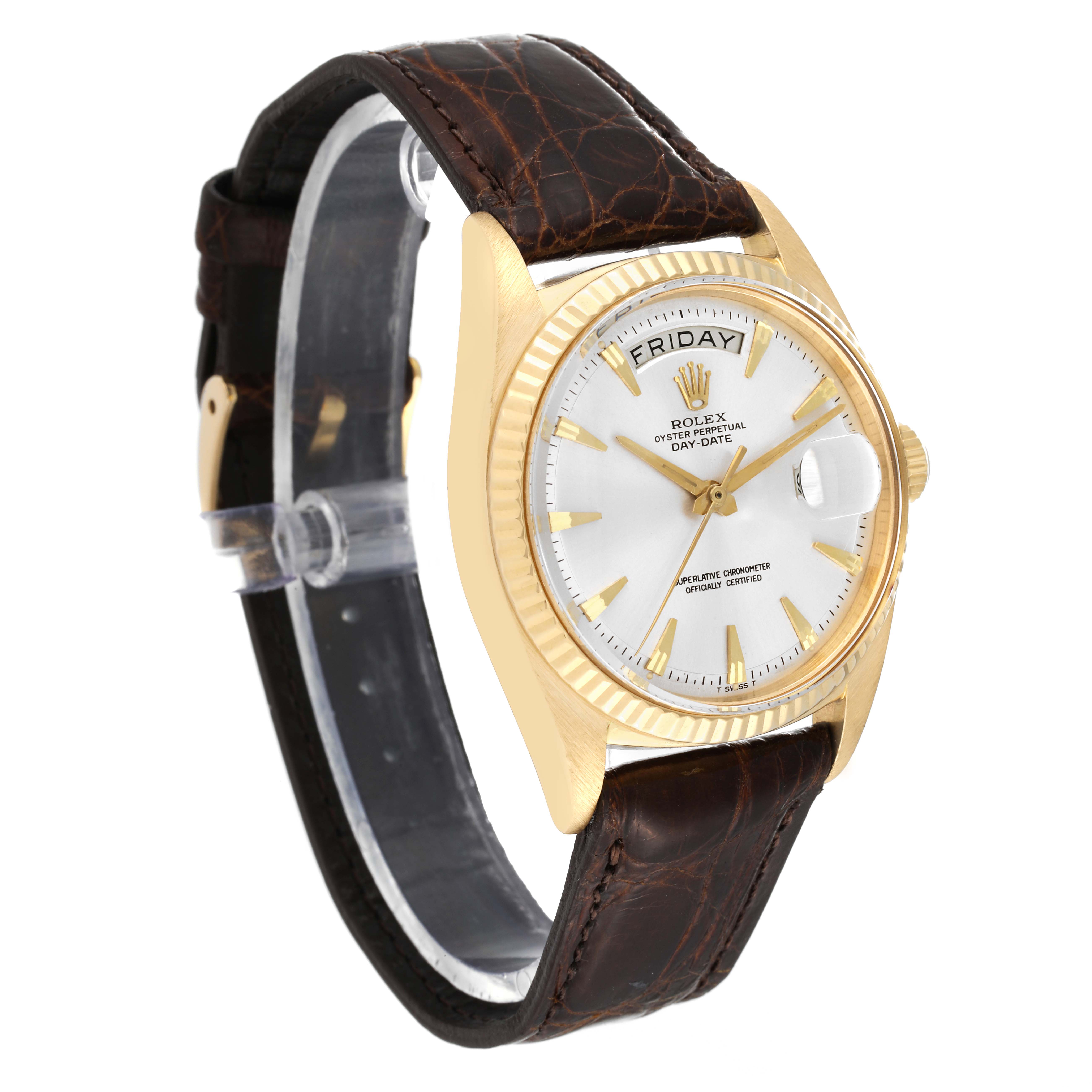 The Rolex Vintage Collection 1803 Men's Yellow Gold Silver Dial 1803 Men's Yellow Gold Silver Dial watch is shown from a front-left angle, highlighting the face, bezel, and leather strap.