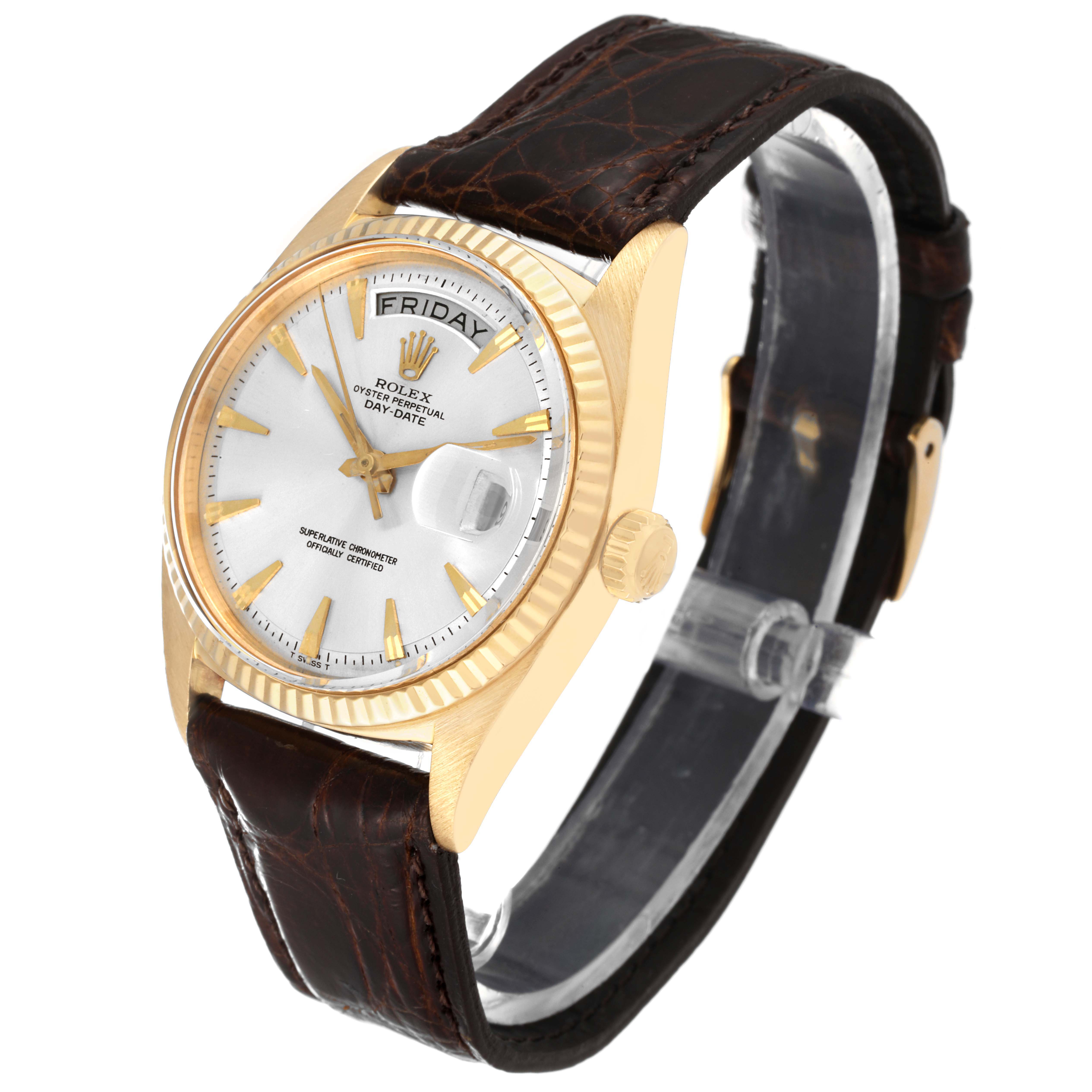 The Vintage Collection Rolex watch is shown at an angled front view, highlighting the dial, case, crown, and leather strap.