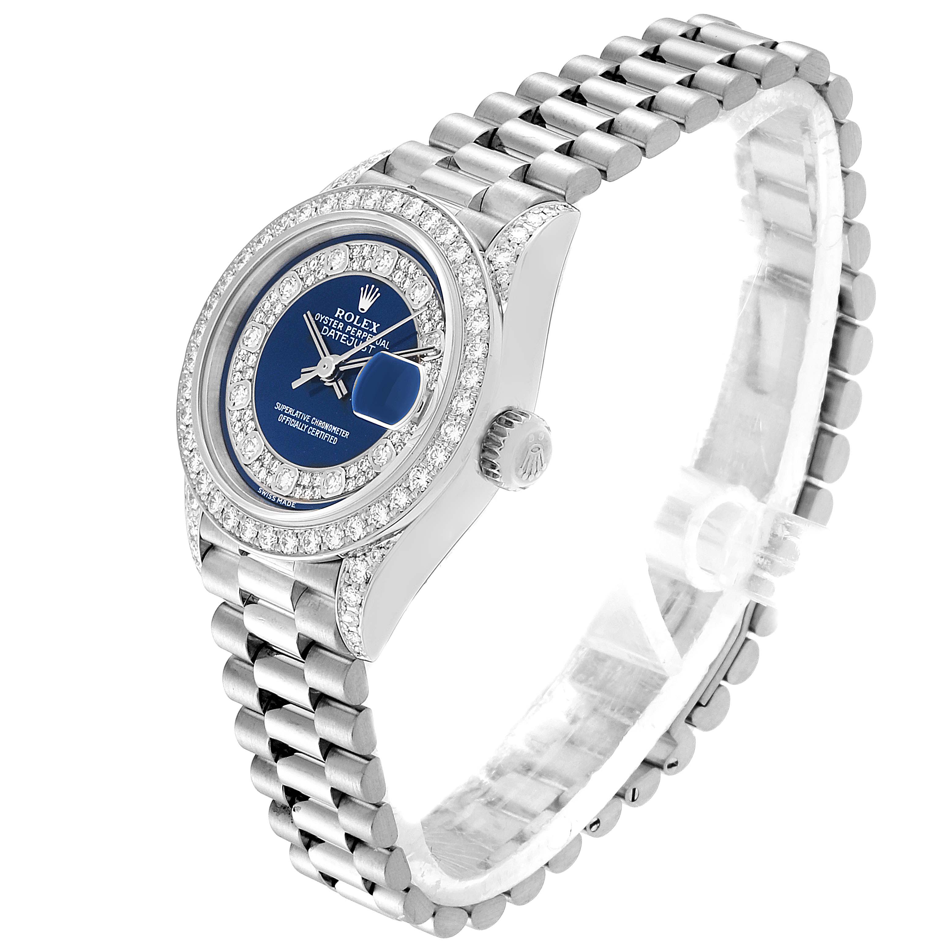 The image shows a side-angle view of a Rolex President 79159 Women
s White Gold Champagne Dial 79159 Women
s White Gold Champagne Dial model watch, featuring its bracelet, dial, bezel, and crown.