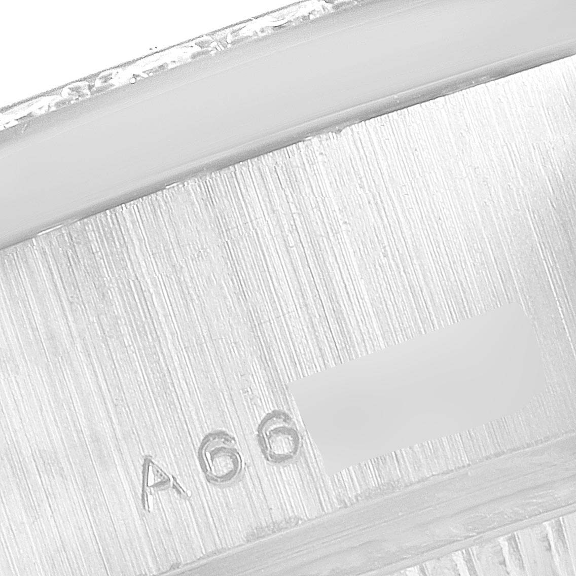 This close-up image shows the caseback engraving of a Rolex President 79159 Women
s White Gold Champagne Dial 79159 Women
s White Gold Champagne Dial model watch.