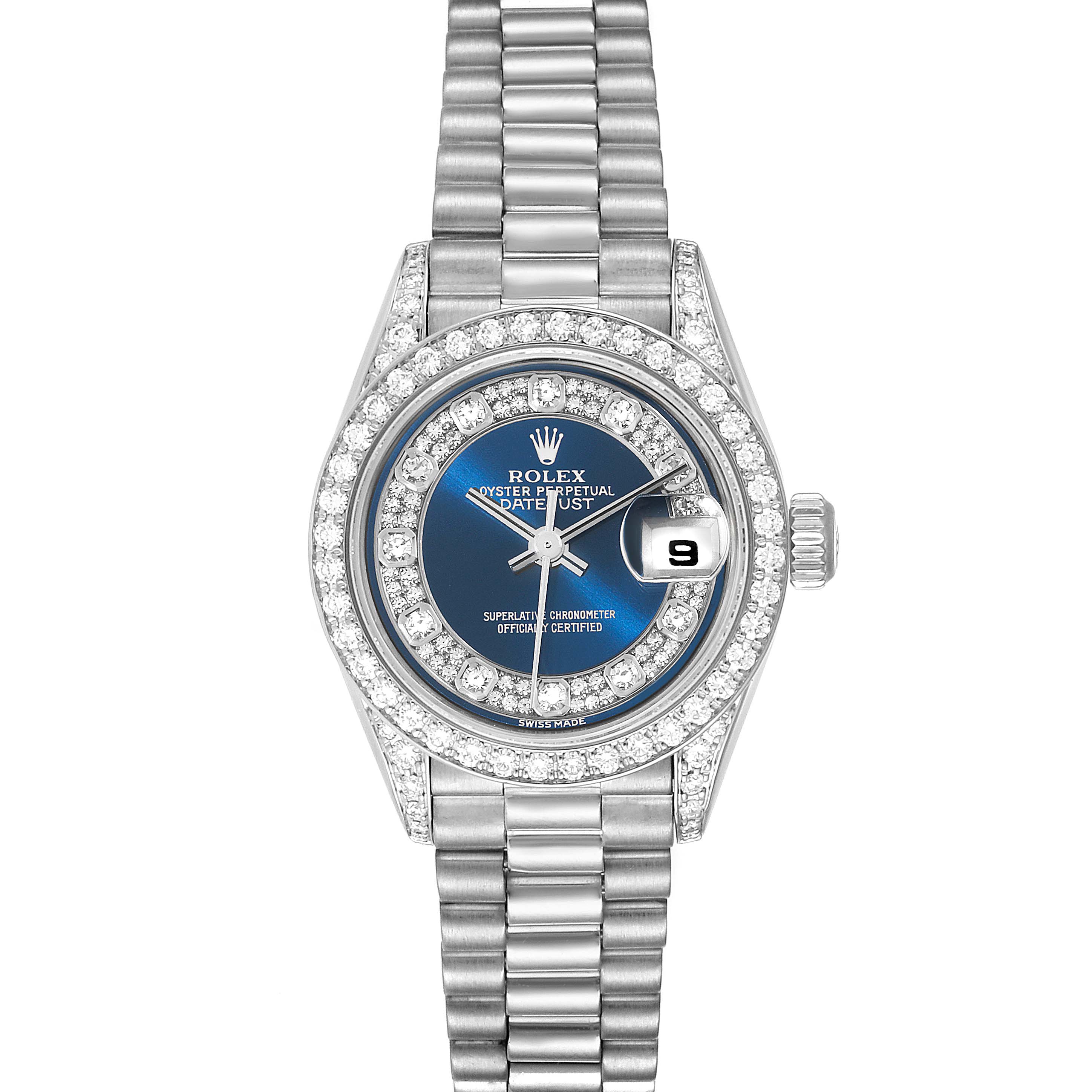 This image shows a front view of a Rolex President 79159 Women
s White Gold Champagne Dial 79159 Women
s White Gold Champagne Dial model watch, displaying the dial, bezel, bracelet, and crown.